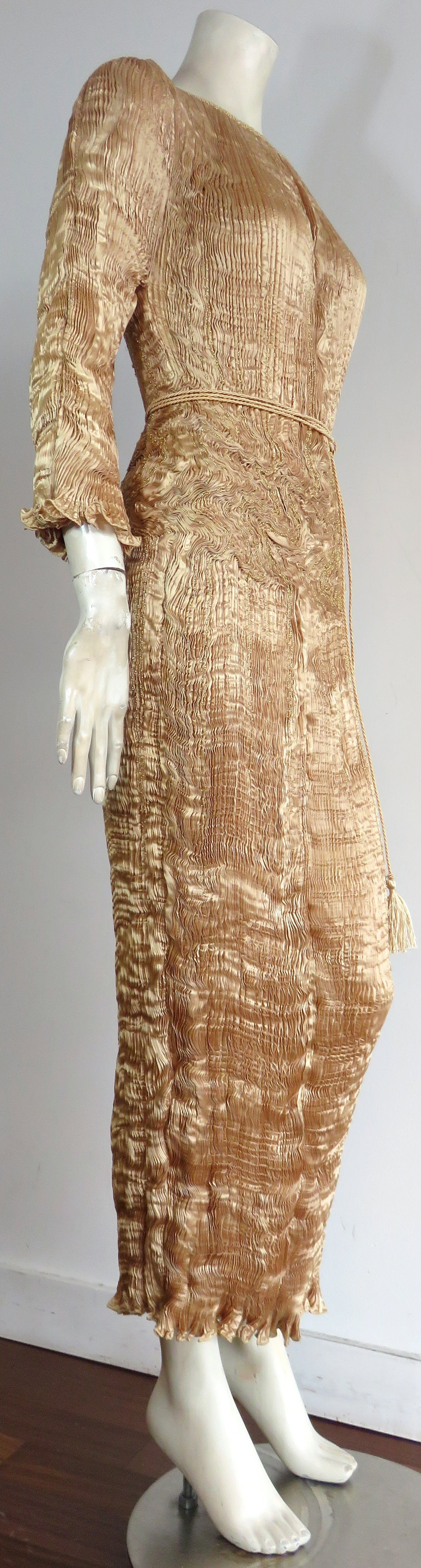 Brown 1980's PATRICIA LESTER Fortuny-pleated Delphos gown For Sale