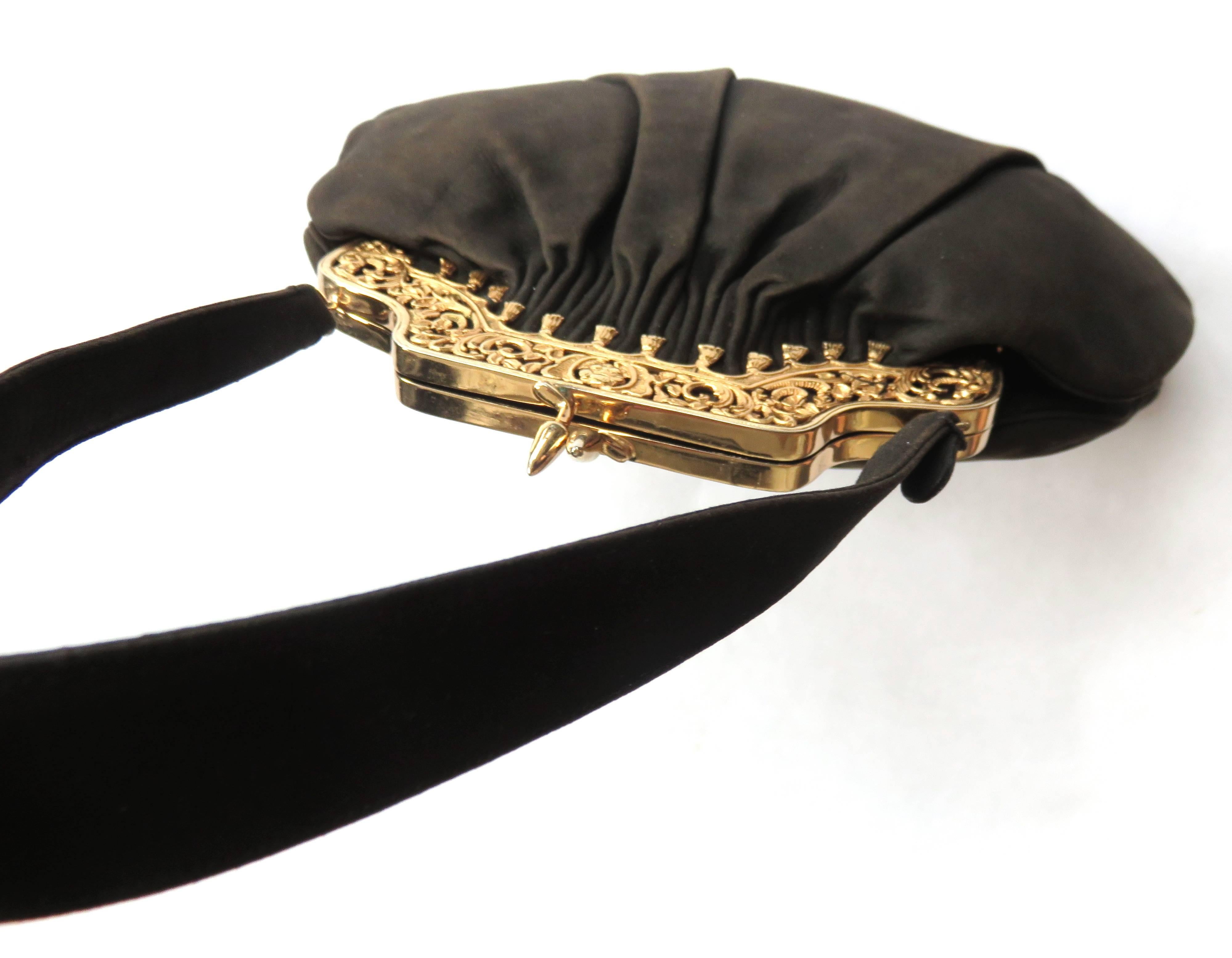 Black 1940's NETTIE ROSENSTEIN Brown suede and metal evening bag purse For Sale