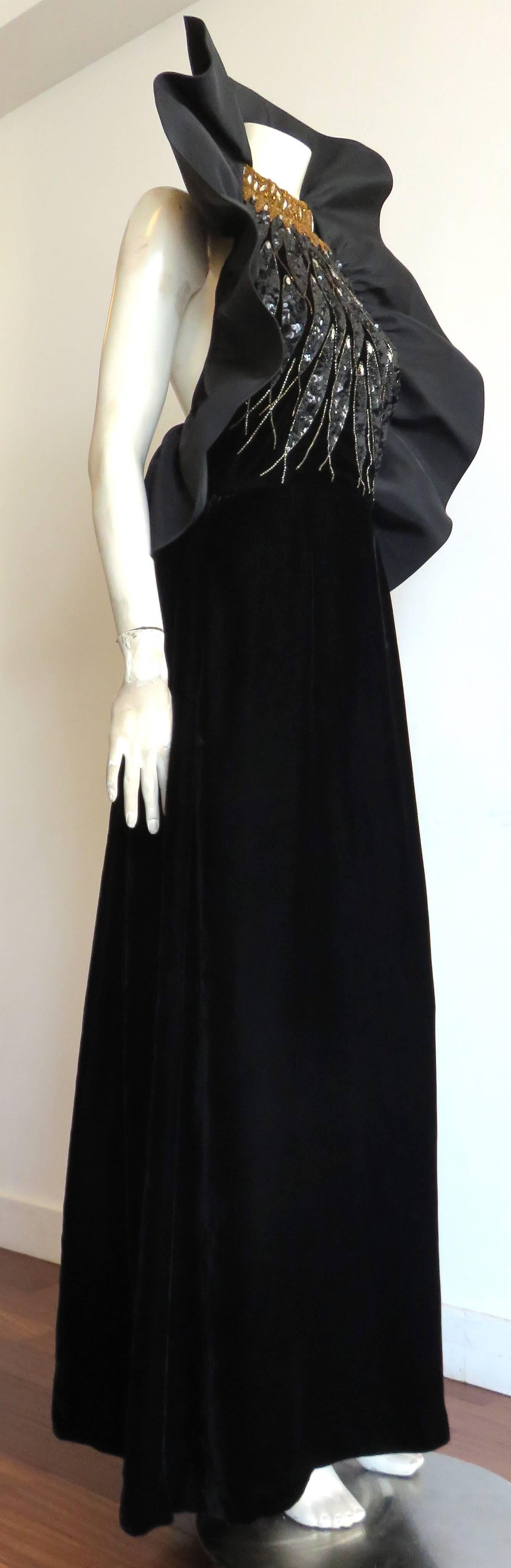 Black 1980's PAUL-LOUIS ORRIER Embellished silk evening gown dress For Sale