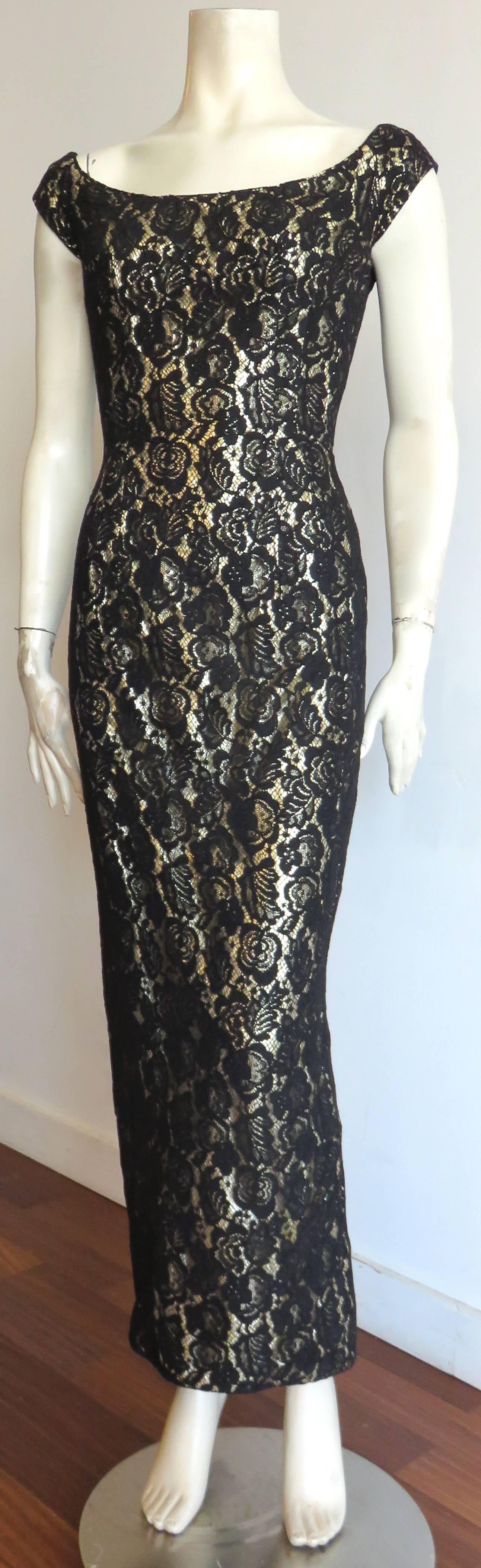 1960's MR. BLACKWELL CUSTOM Gold lame black lace overlay evening dress In Excellent Condition In Newport Beach, CA