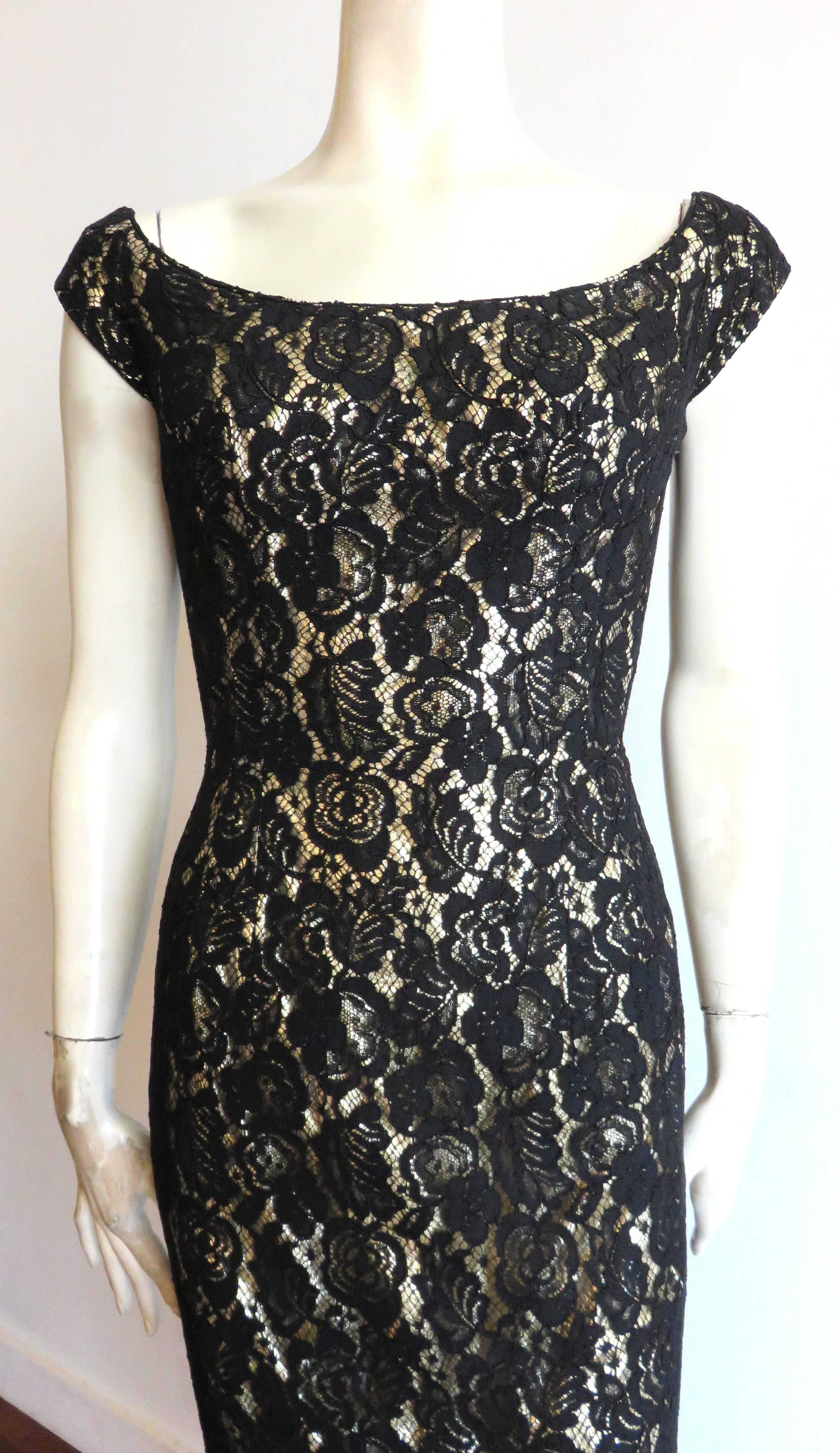 Black 1960's MR. BLACKWELL CUSTOM Gold lame black lace overlay evening dress