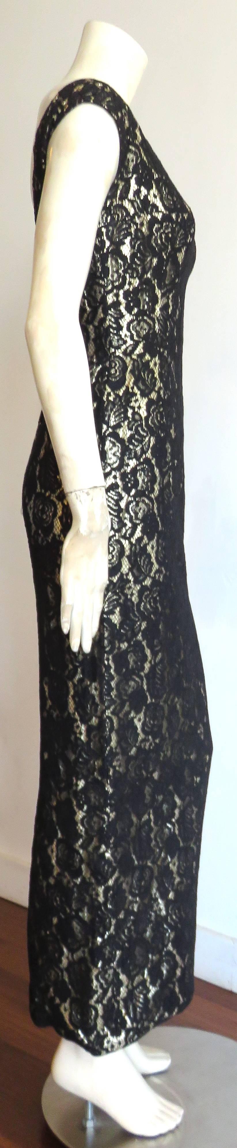 Women's 1960's MR. BLACKWELL CUSTOM Gold lame black lace overlay evening dress