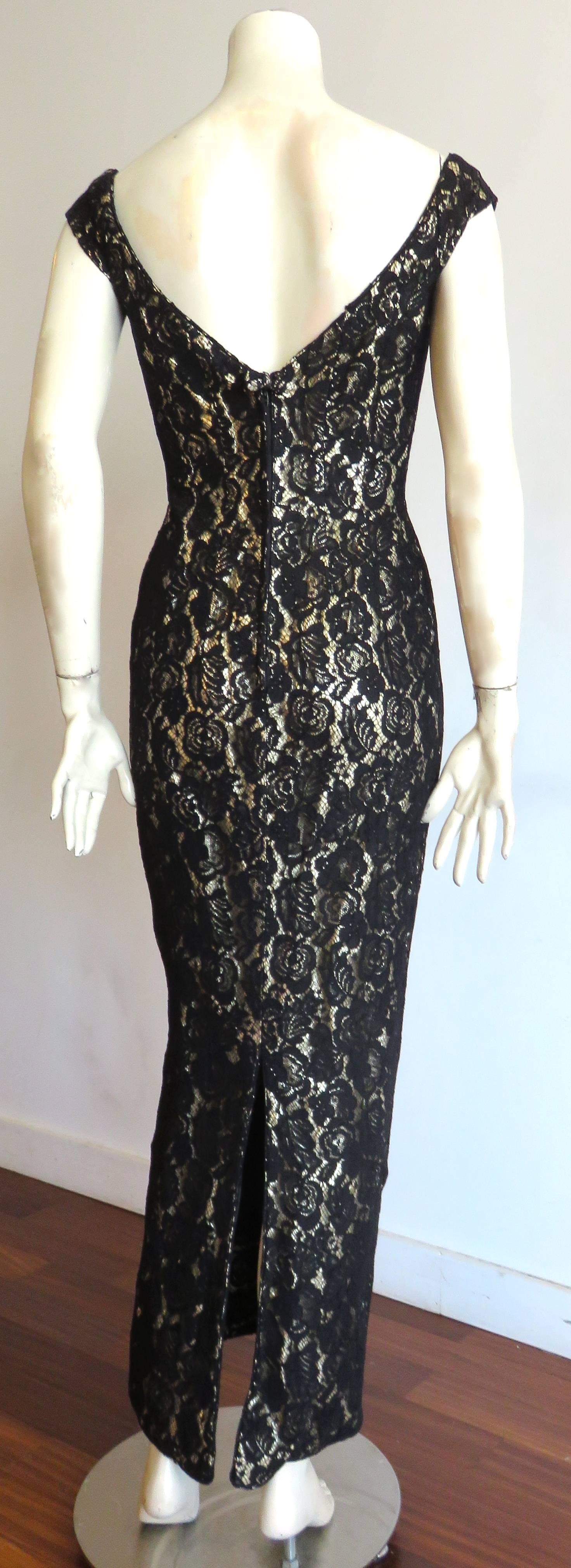 1960's MR. BLACKWELL CUSTOM Gold lame black lace overlay evening dress 1