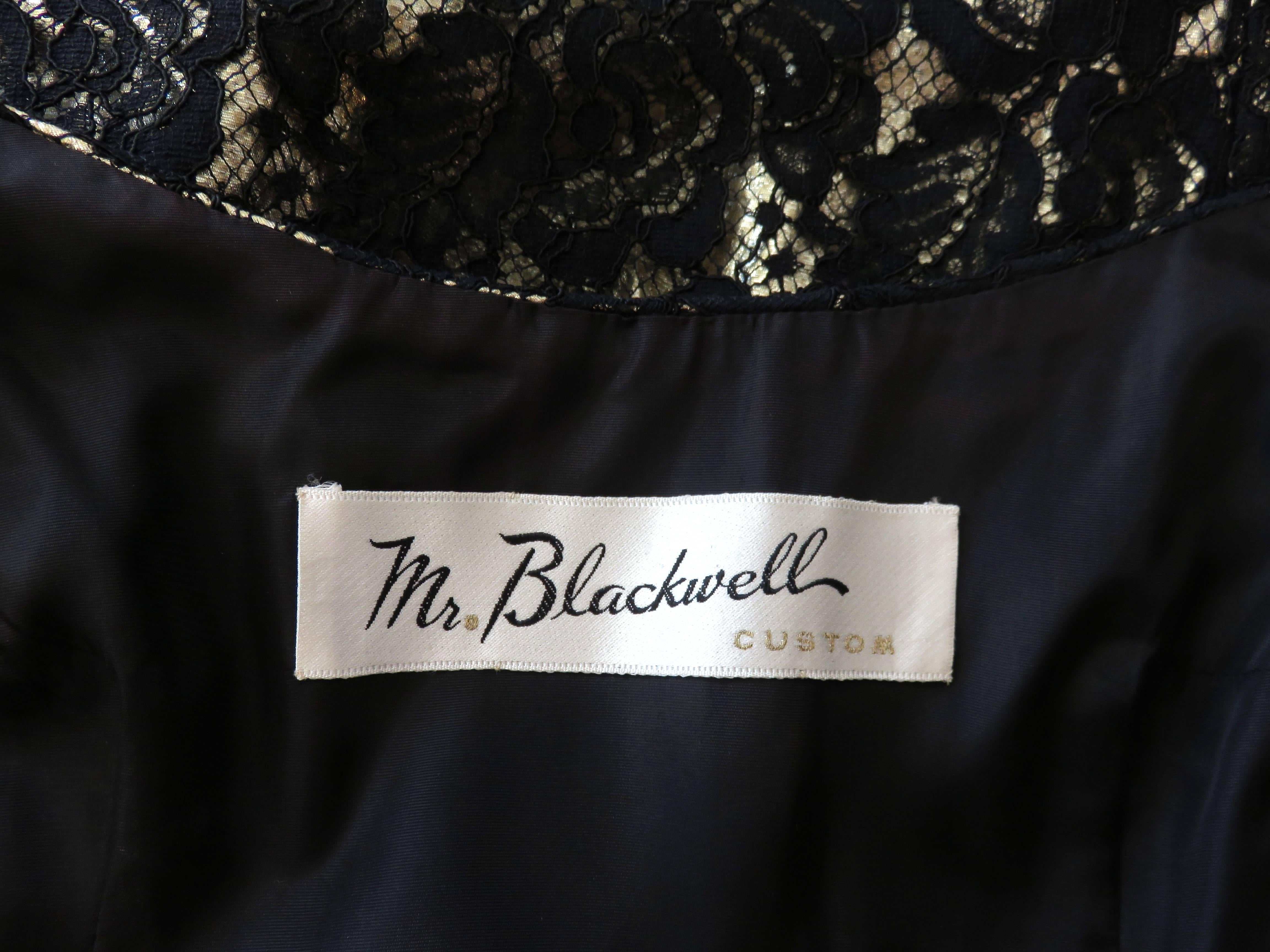 1960's MR. BLACKWELL CUSTOM Gold lame black lace overlay evening dress 2
