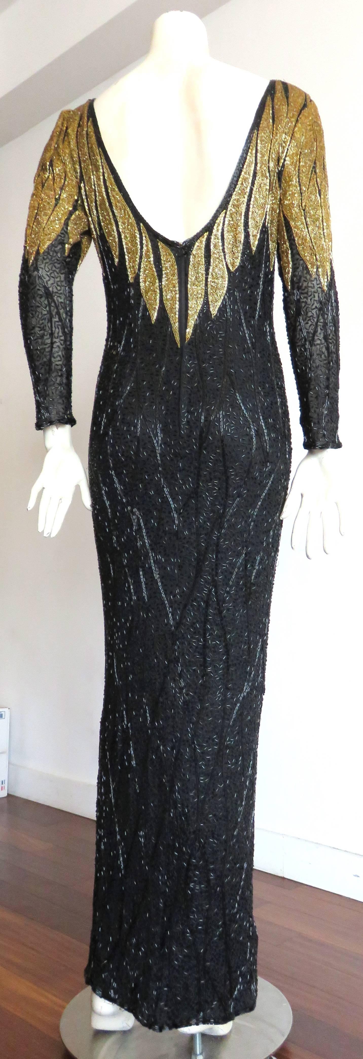 Black 1980's BOB MACKIE Hand-beaded Gold-flame evening dress