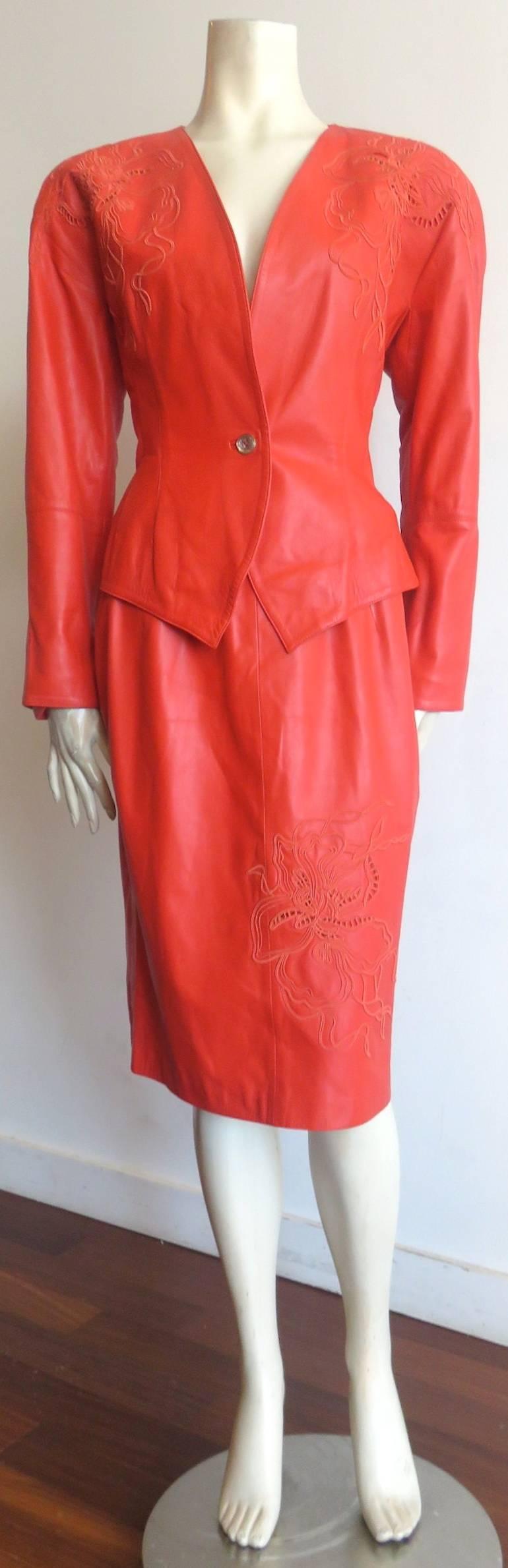 Red 1980's LOEWE MADRID Embroidered lambskin leather skirt suit For Sale