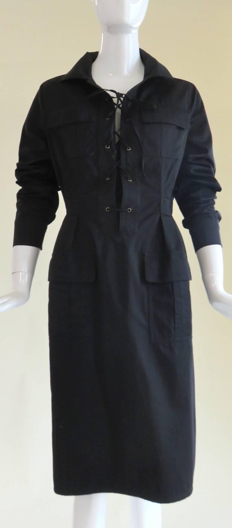 YVES SAINT LAURENT Tom Ford Black Cotton Safari Dress For Sale 4