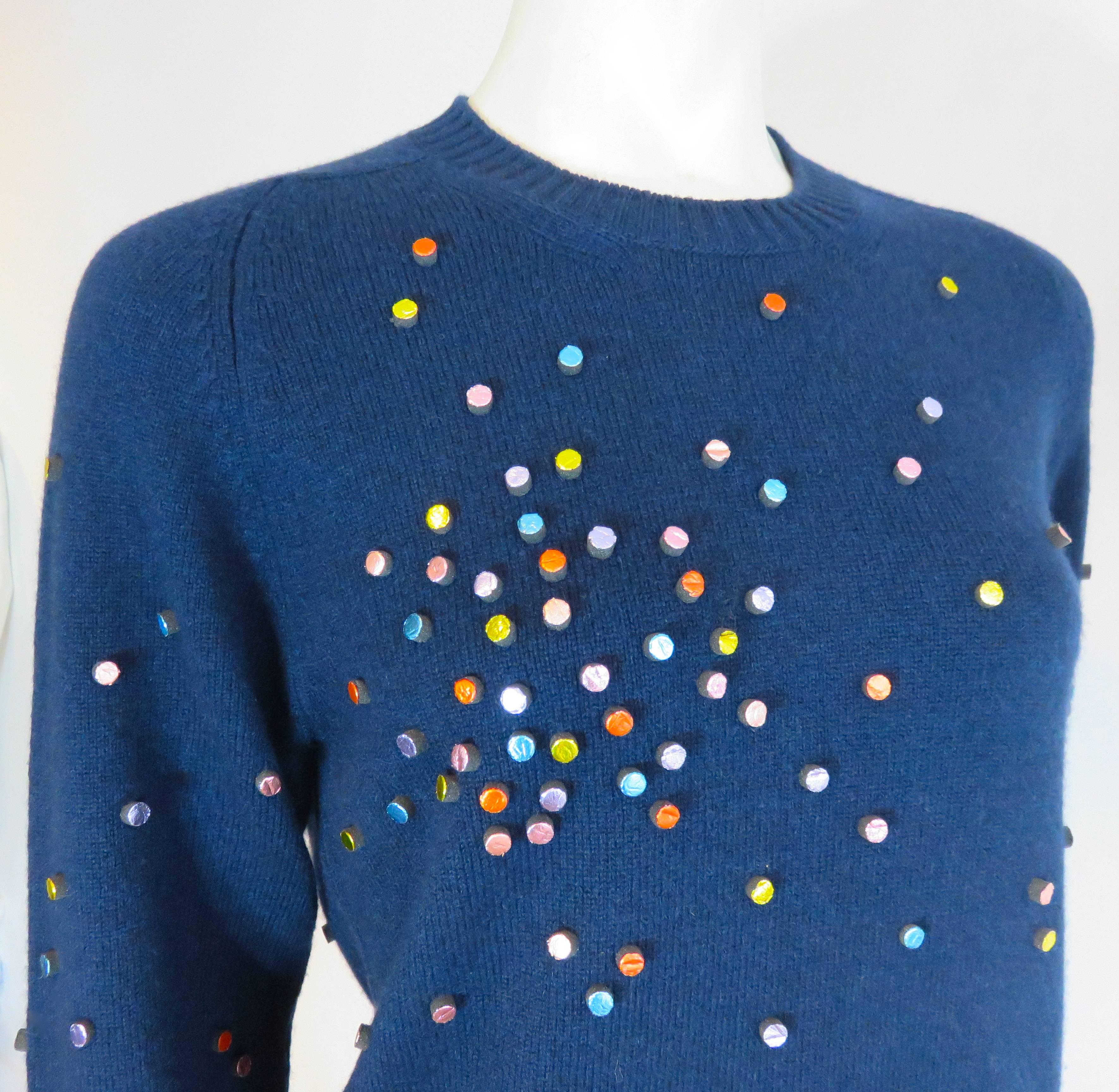 Blue 2014 CHANEL PARIS Pure cashmere embellished sweater For Sale