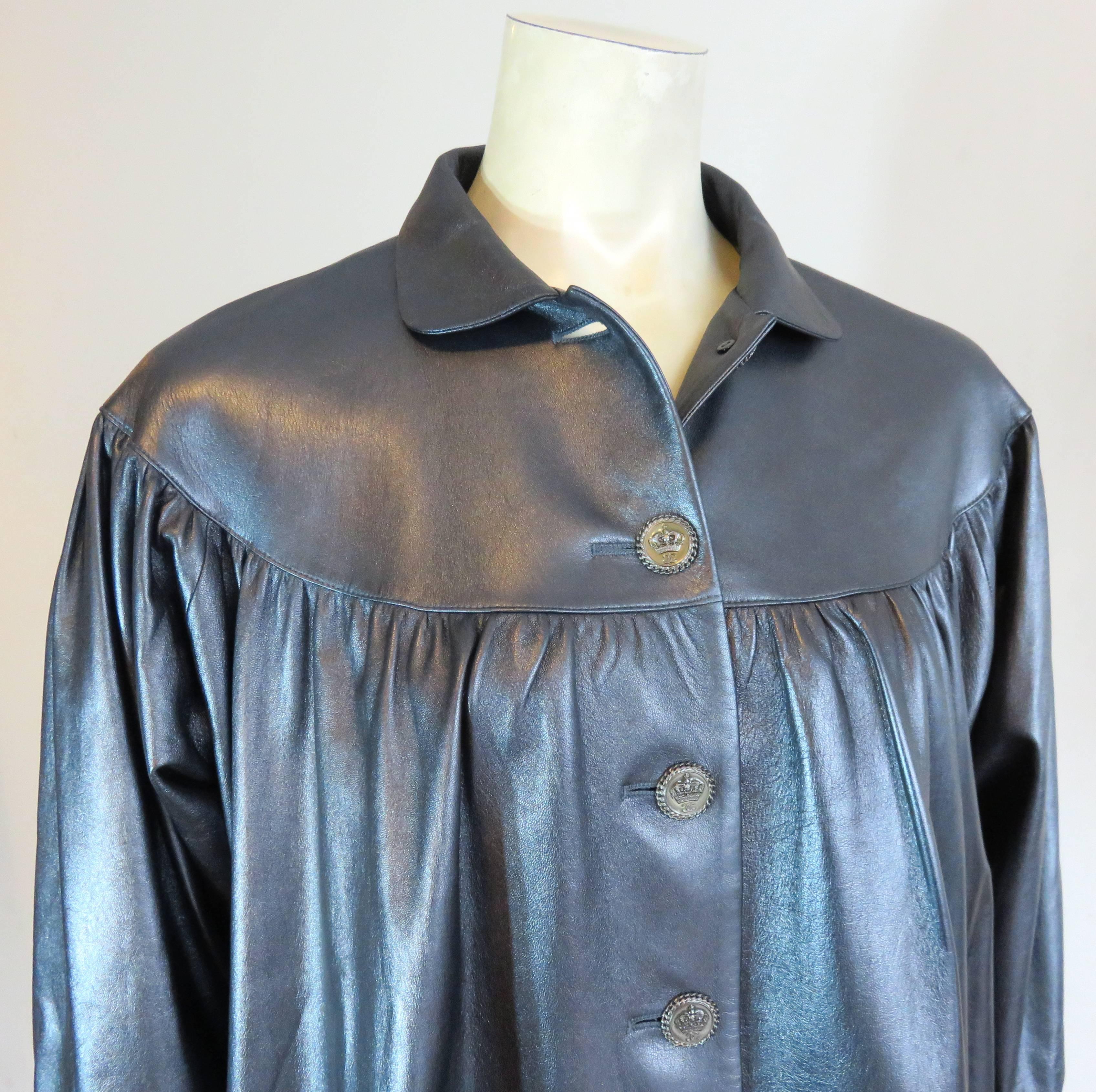 Gray CHANEL PARIS Pewter lambskin leather coat - worn once For Sale