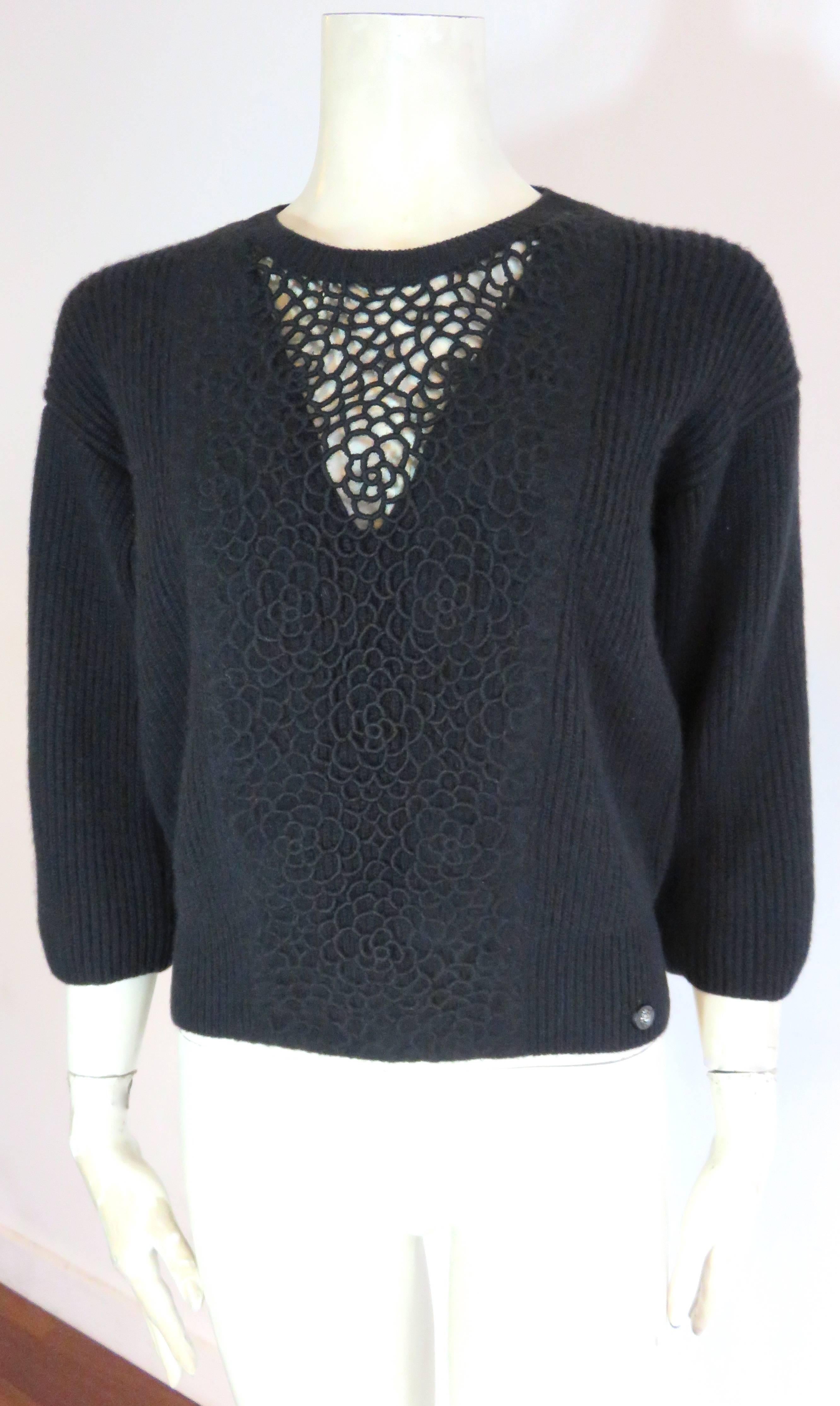 CHANEL PARIS Embroidered Camellia cashmere sweater In Excellent Condition In Newport Beach, CA