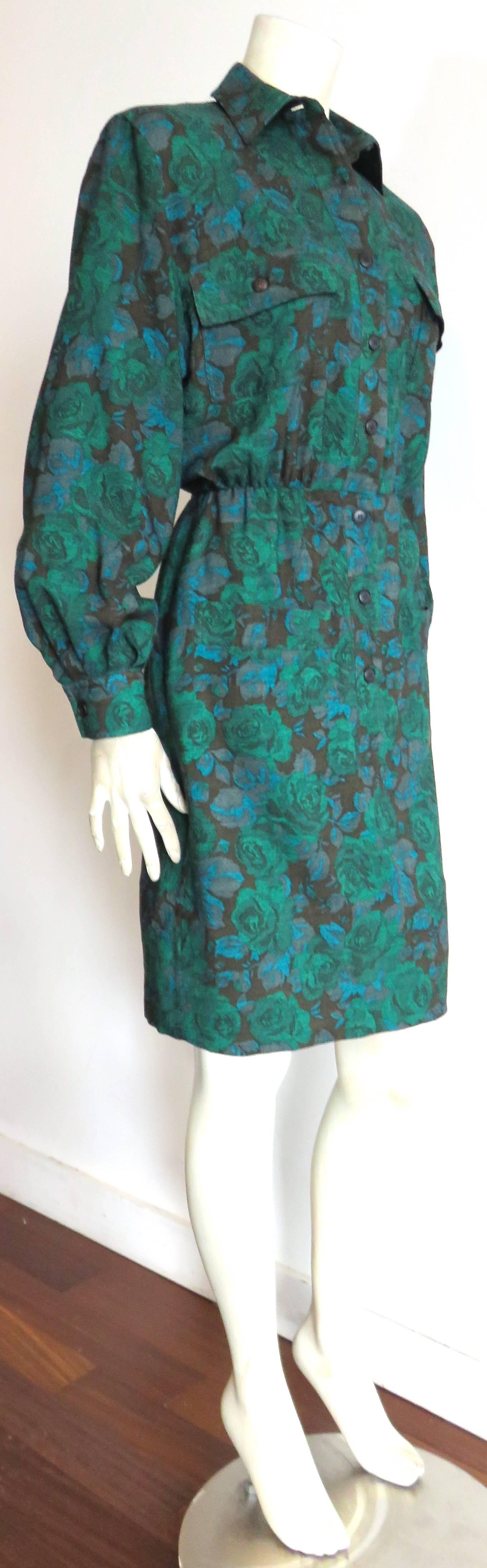 Blue 1980's JEAN-LOUIS SCHERRER Floral Challis day dress For Sale