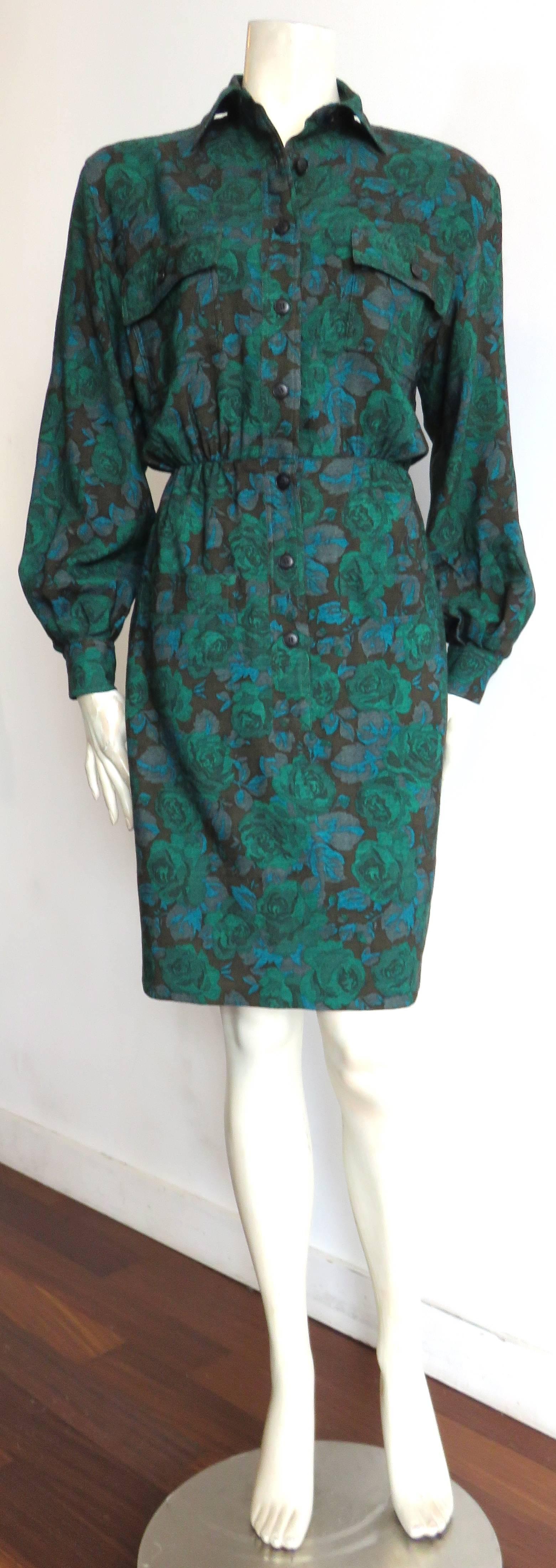 Excellent condition, 1980's JEAN-LOUIS SCHERRER Floral Challis day dress.

Numbered boutique dress: '507497'.

This gorgeous day dress features wool and silk Challis, woven fabric in sumptuous shades of emerald green, and peacock blue.

Button