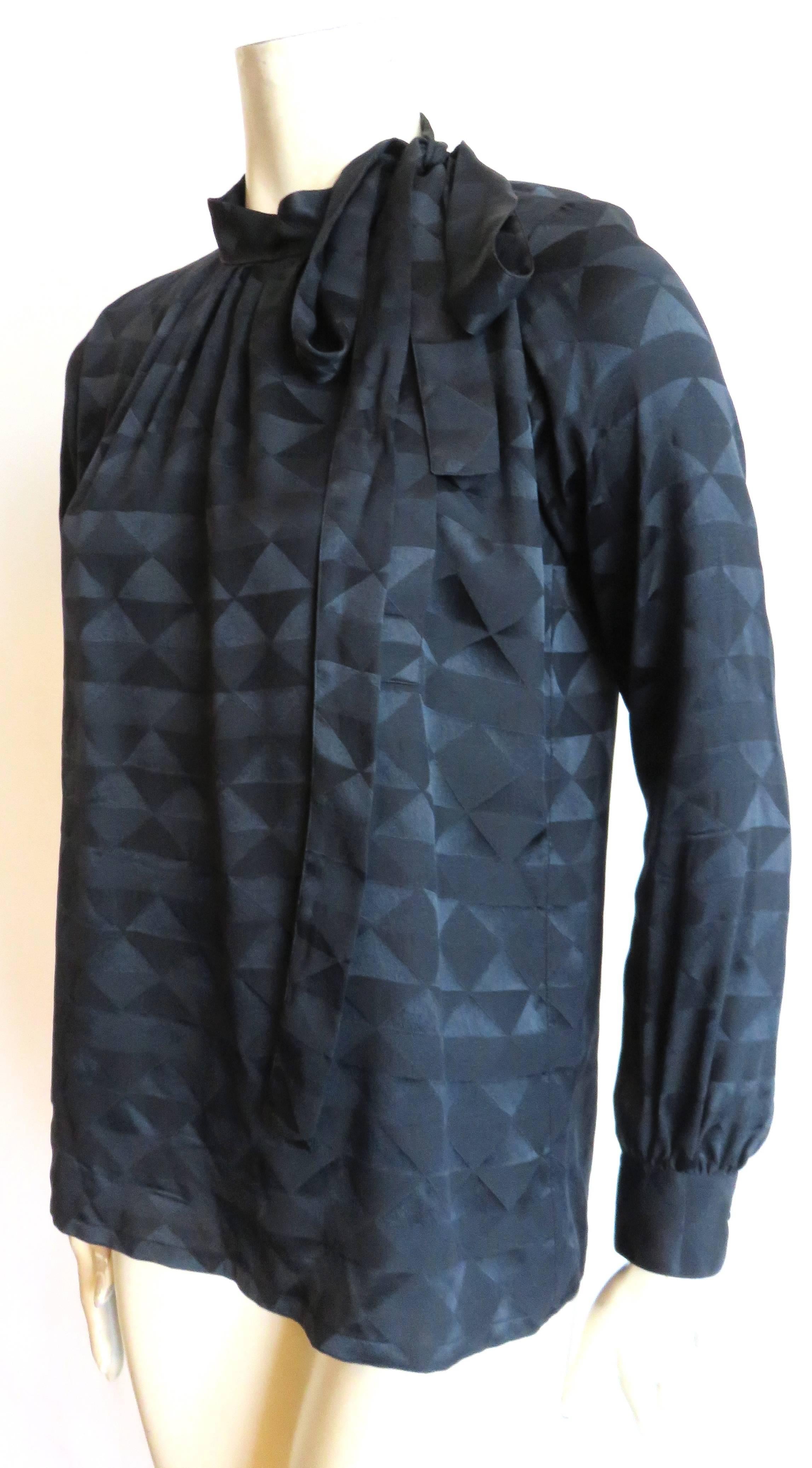 1970's YVES SAINT LAURENT Black silk geometric jacquard blouse top YSL For Sale 2