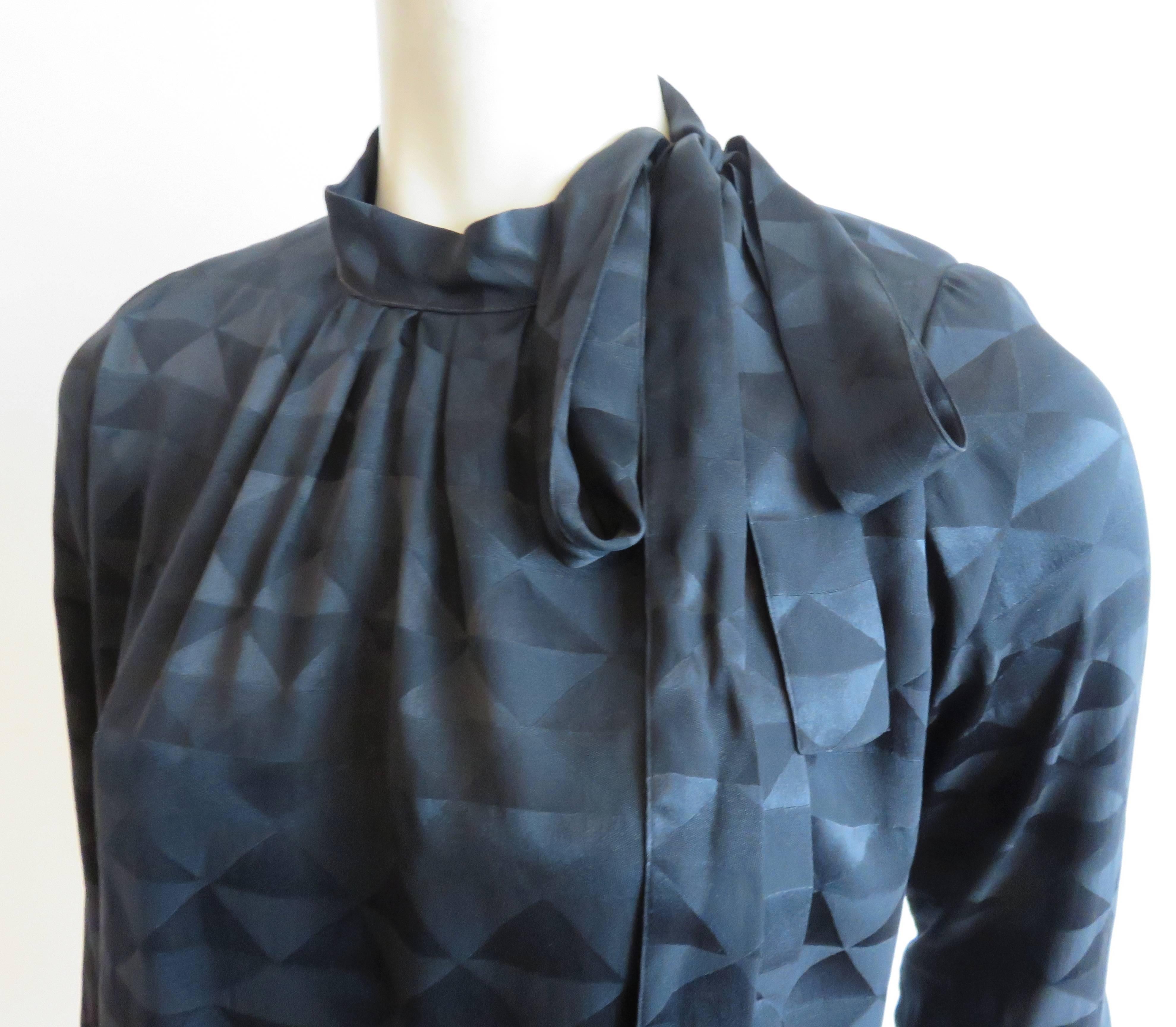 1970's YVES SAINT LAURENT Black silk geometric jacquard blouse top YSL In Excellent Condition For Sale In Newport Beach, CA