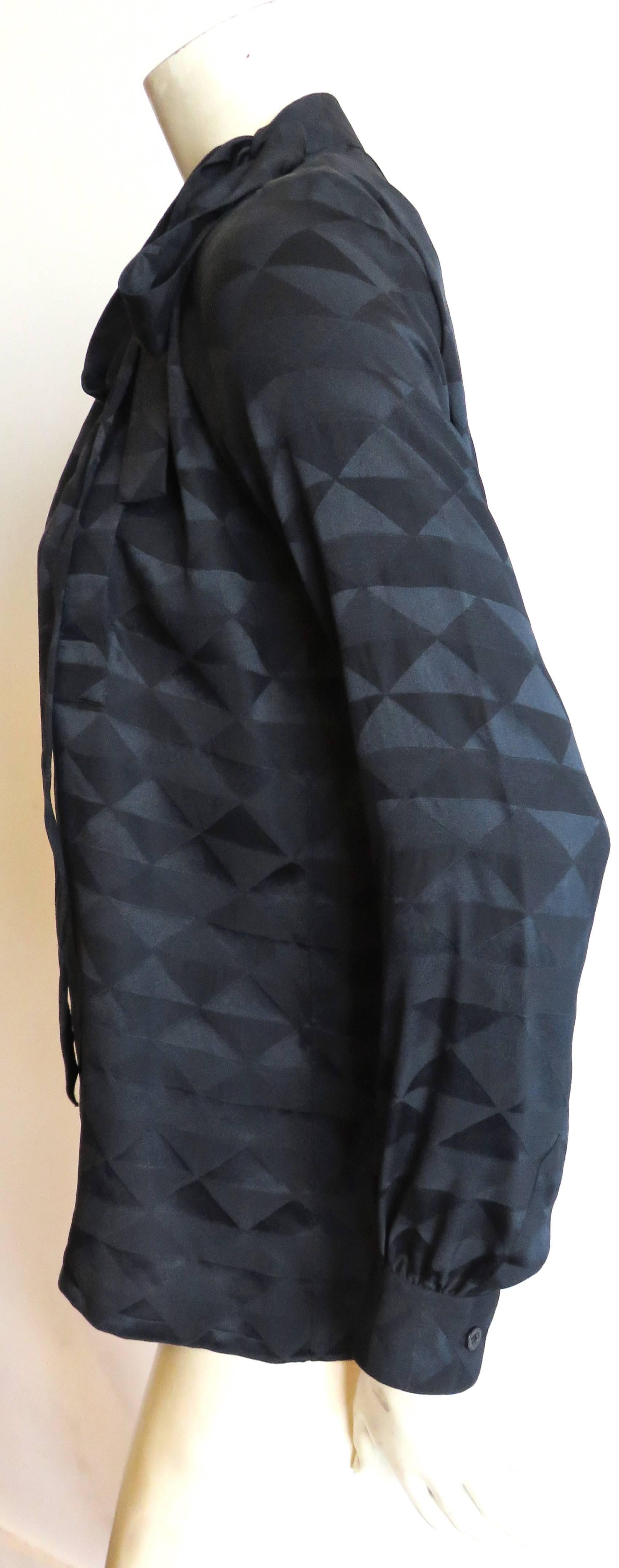Women's 1970's YVES SAINT LAURENT Black silk geometric jacquard blouse top YSL For Sale