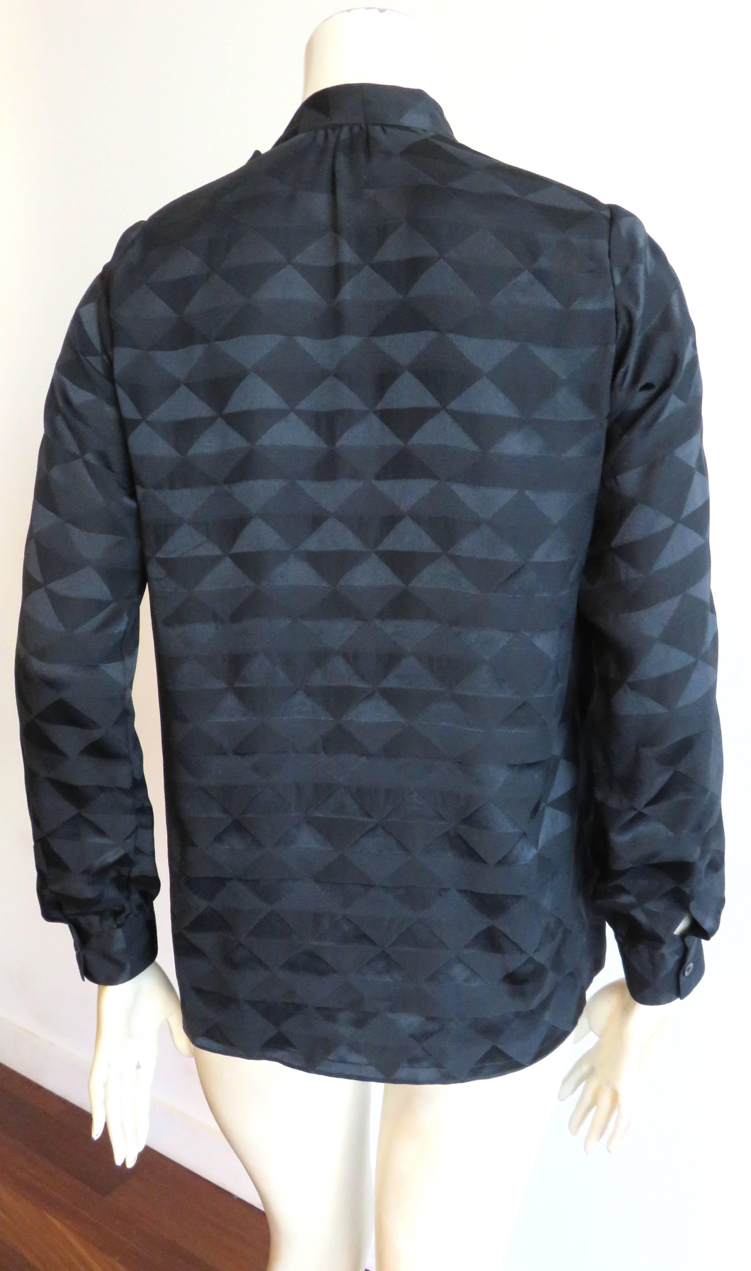 1970's YVES SAINT LAURENT Black silk geometric jacquard blouse top YSL For Sale 3