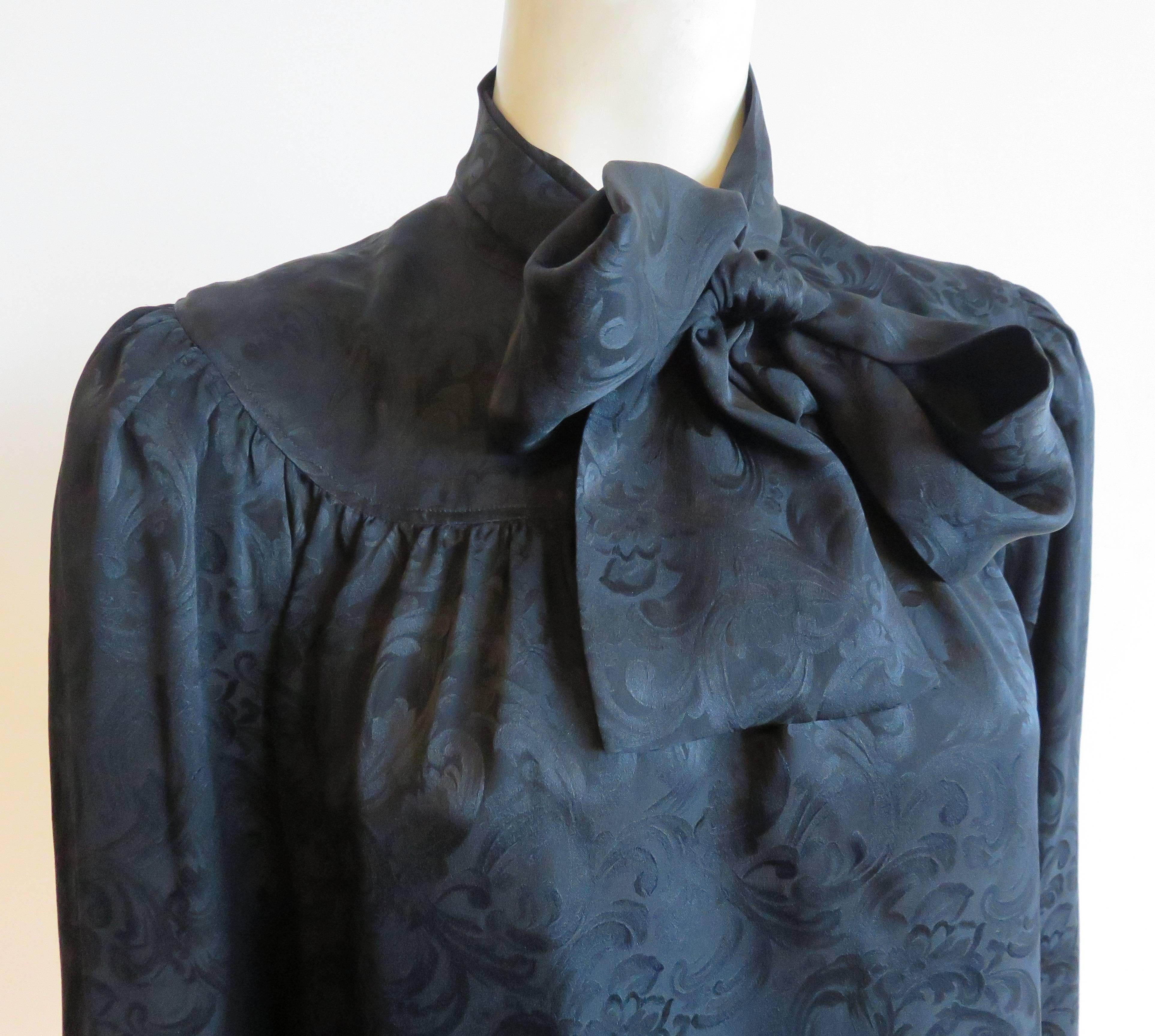 1970's YVES SAINT LAURENT Black silk jacquard blouse top YSL In Excellent Condition In Newport Beach, CA