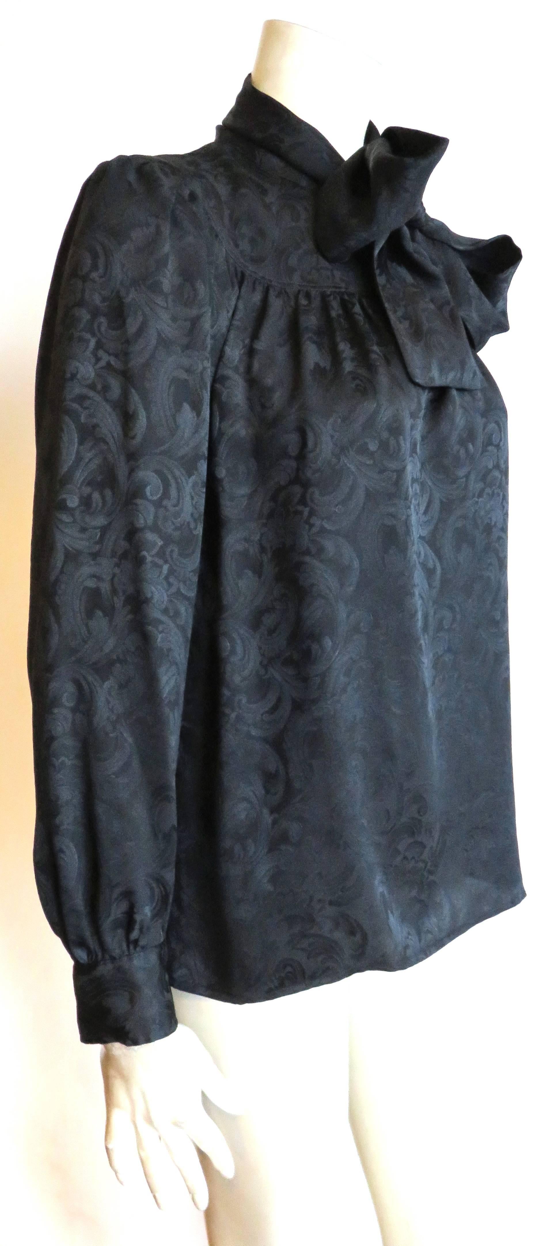 Women's 1970's YVES SAINT LAURENT Black silk jacquard blouse top YSL