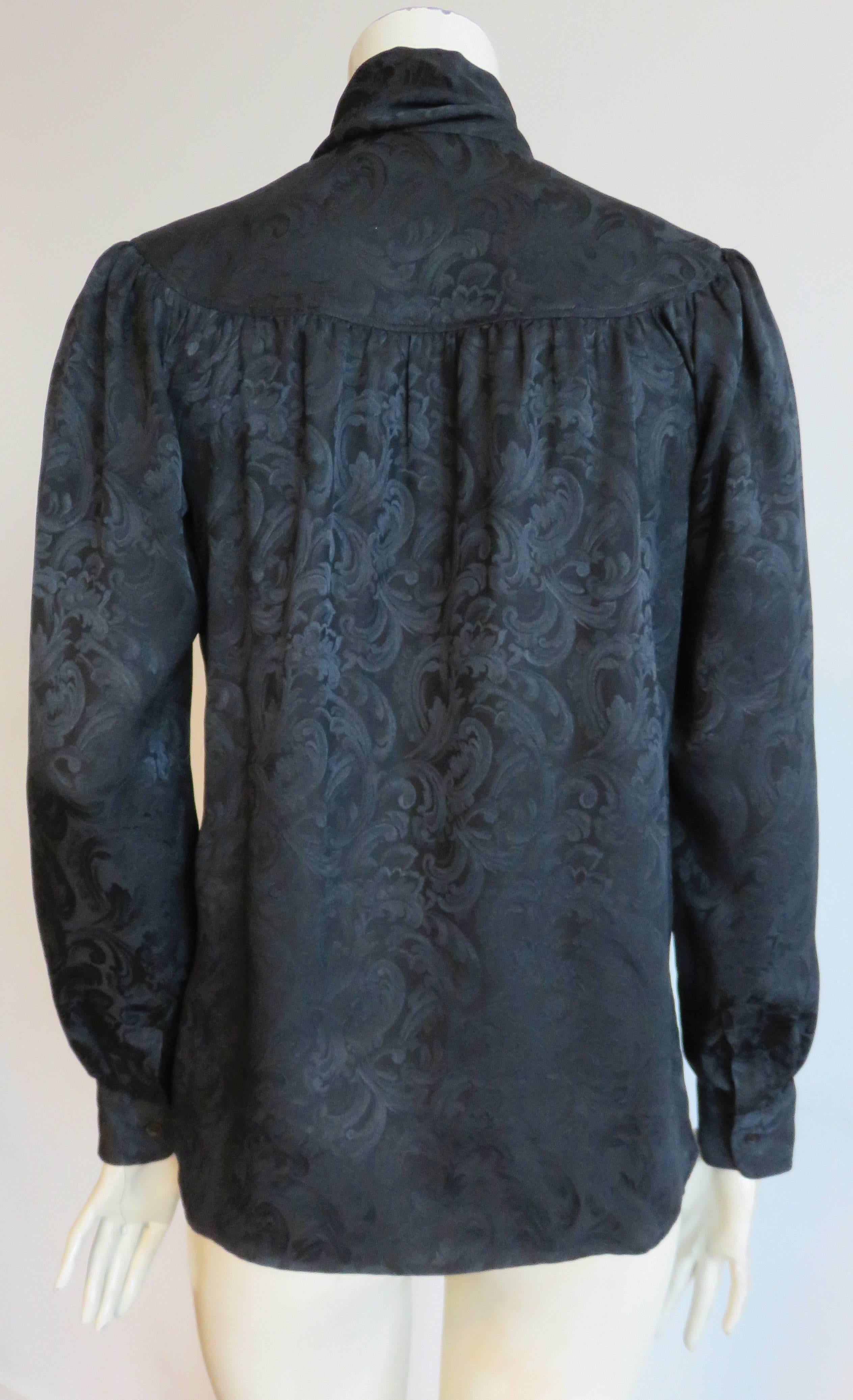 1970's YVES SAINT LAURENT Black silk jacquard blouse top YSL 1
