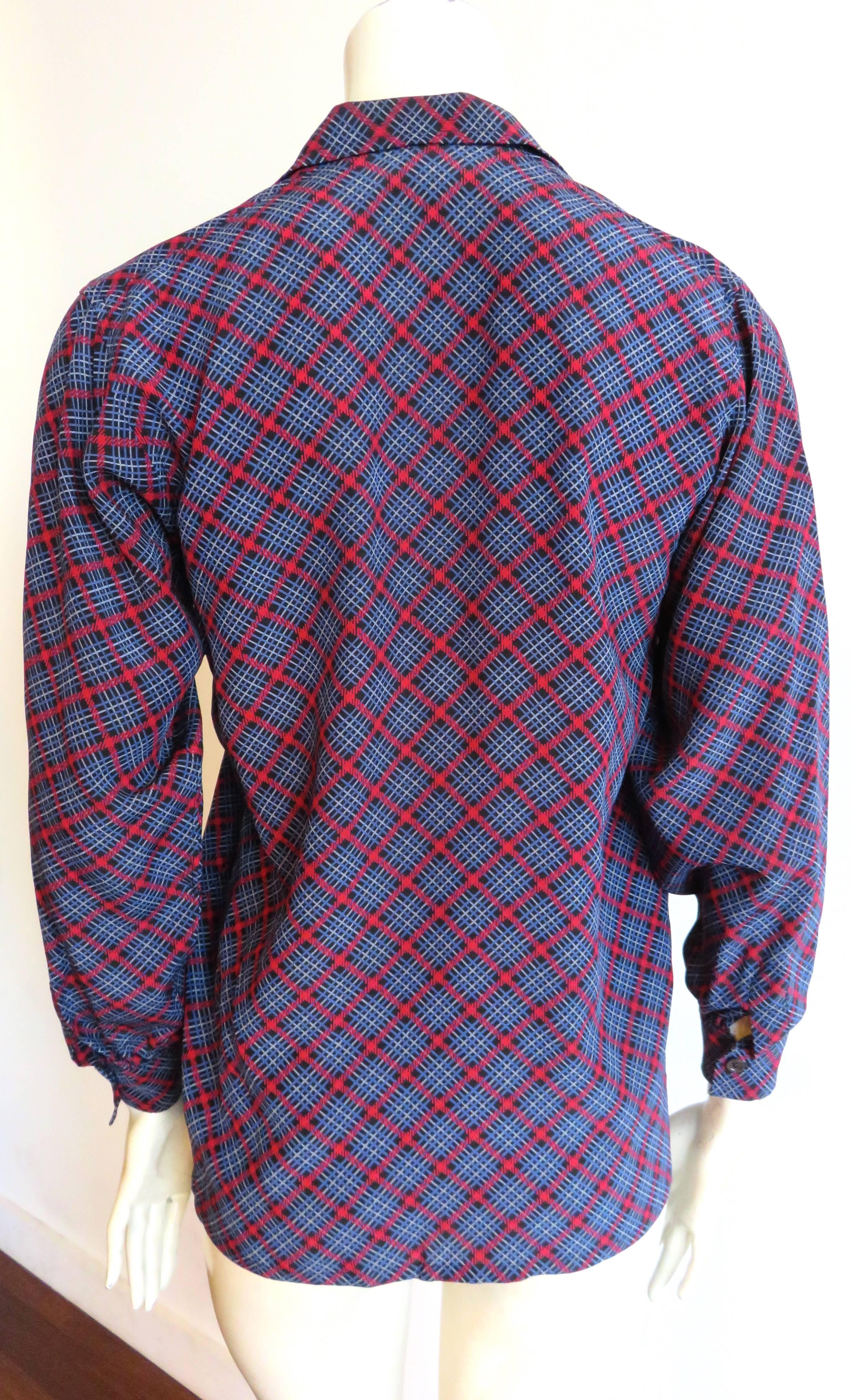 1970's YVES SAINT LAURENT Plaid silk blouse top YSL In Excellent Condition For Sale In Newport Beach, CA