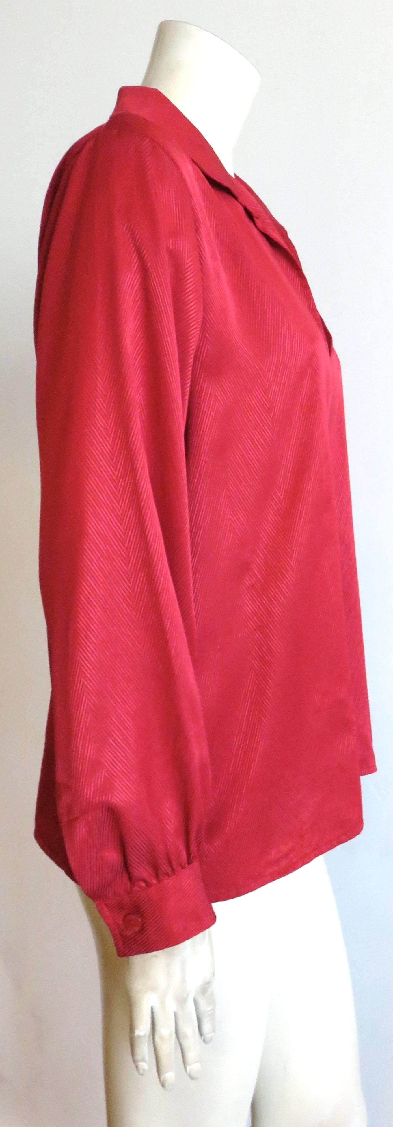 Red 1980's YVES SAINT LAURENT Silk herringbone jacquard blouse top YSL For Sale