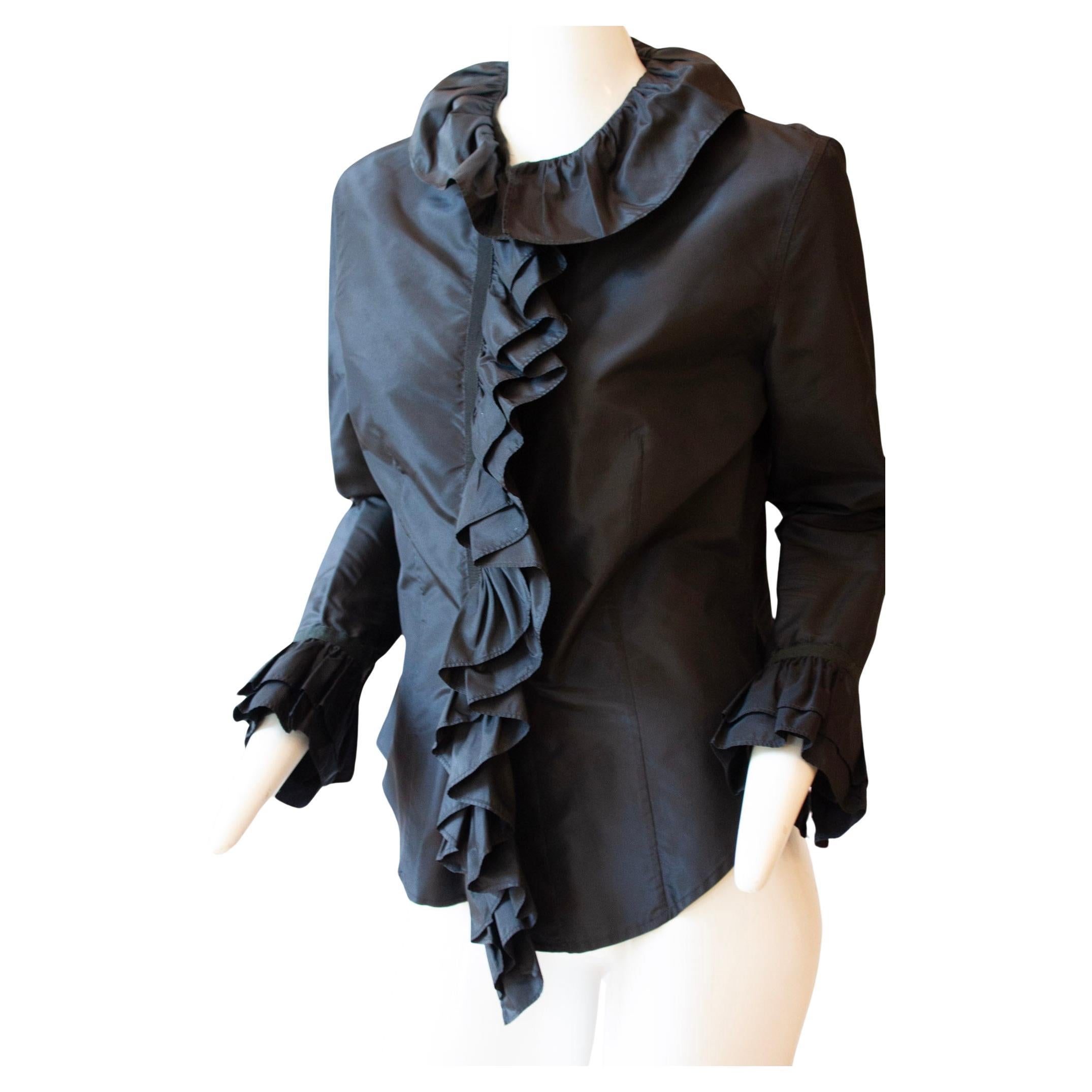 Etro Black Ruffled Silk Blouse For Sale