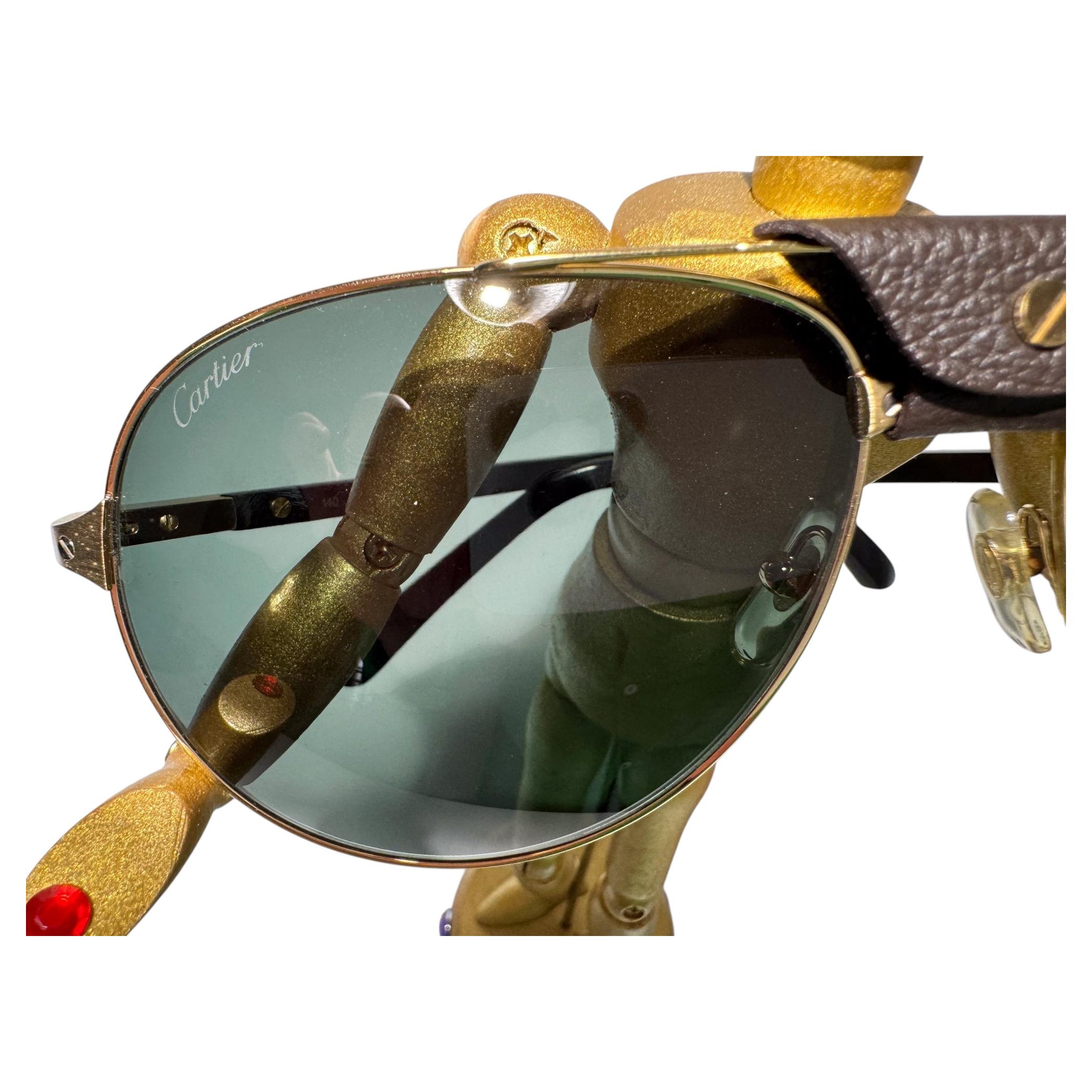 CARTIER, Gold Aviator Pilot CT0096S Sunglasses Wood Temples Removable Leather For Sale