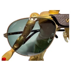 CARTIER, Gold Aviator Pilot CT0096S Sunglasses Wood Temples Removable Leather