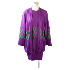 VALENTINO, Purple Wool Knit Sweater Dress and Argyle Cardigan Ensemble