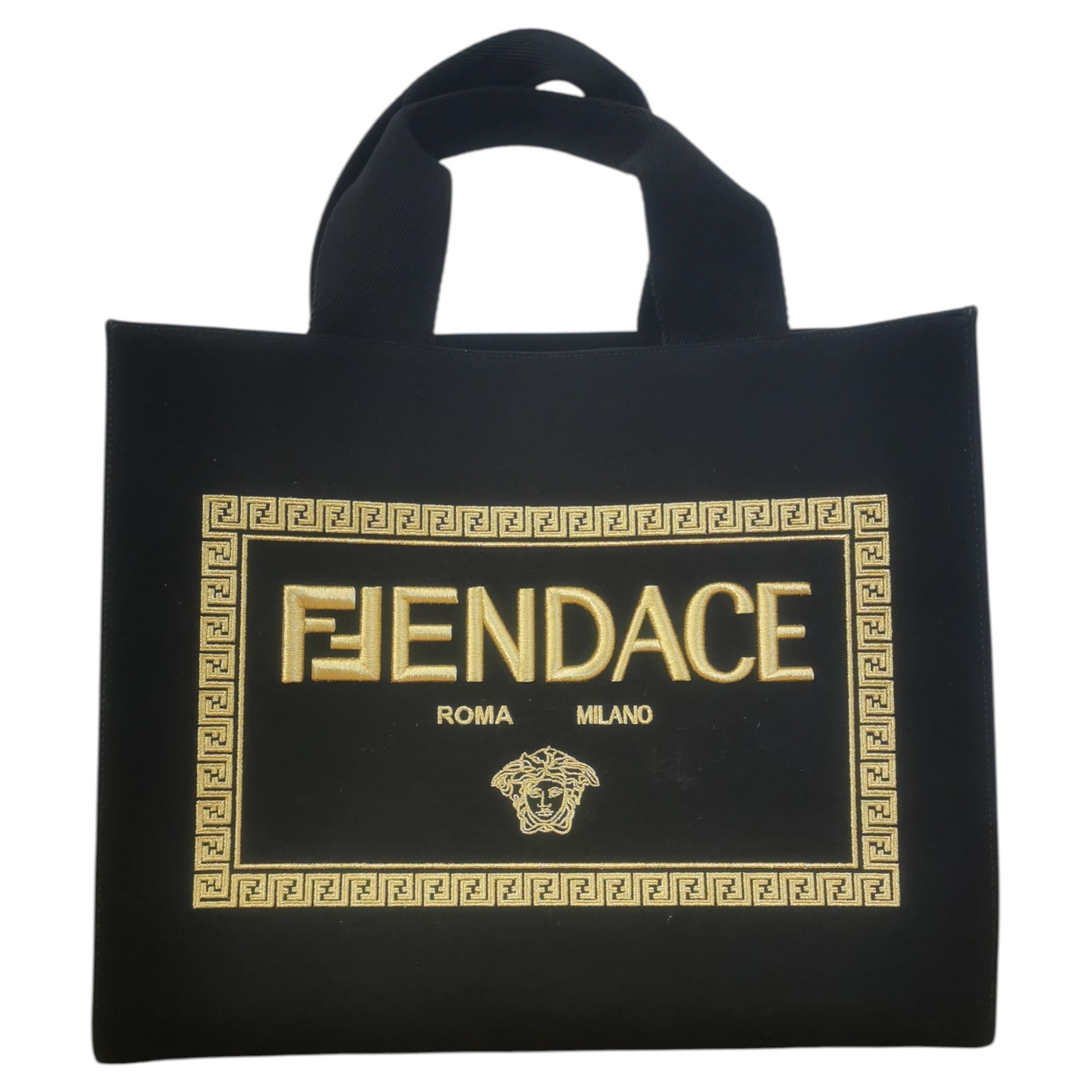 Fendace VERSACE X FENDI Black and Gold Embroidered Tote Sling
