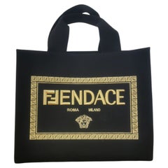 Fendace VERSACE X FENDI Black & Gold Embroidered Tote Sling Fabric Bag