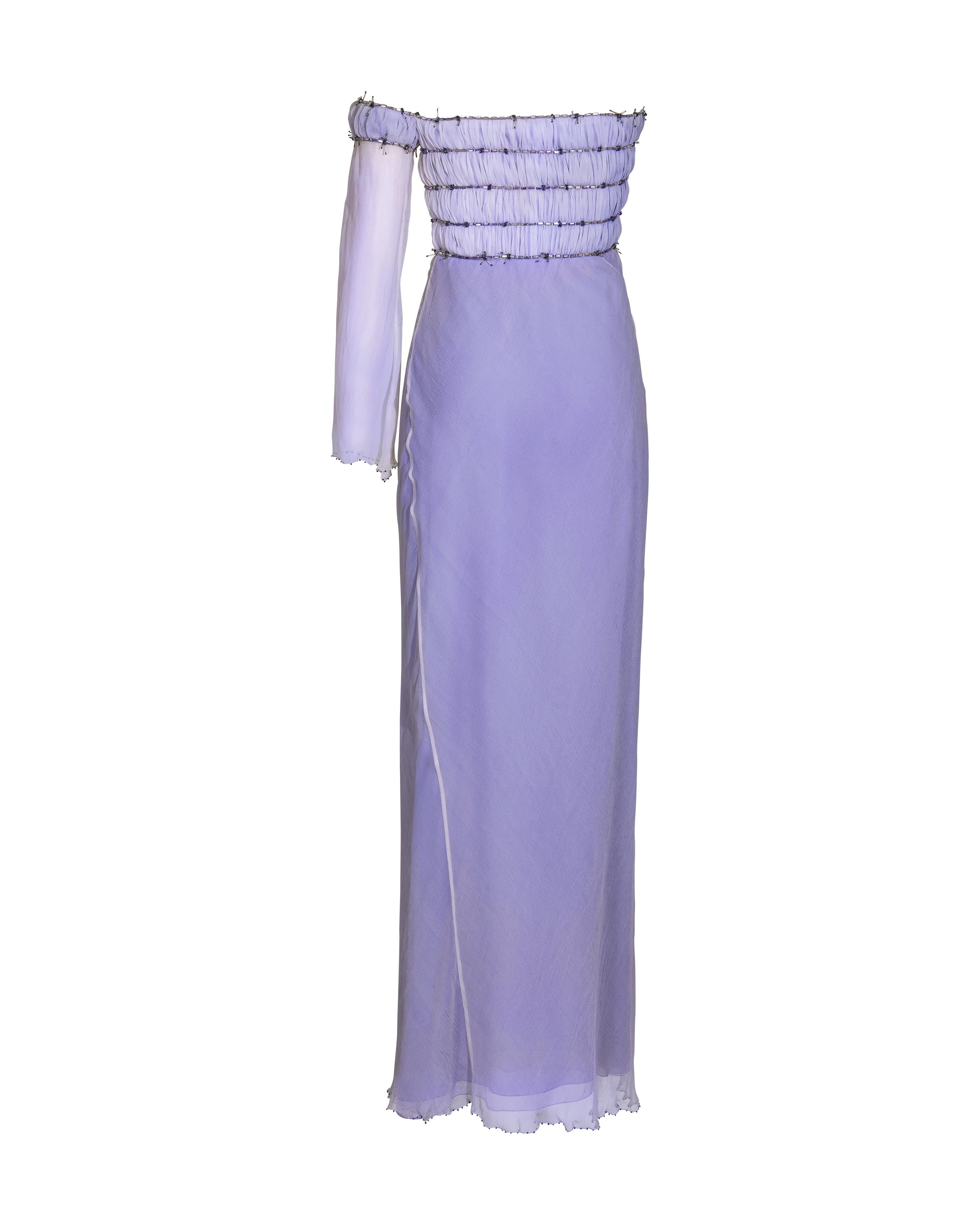 A/W 1998 Gianni Versace Purple Strapless One-Shoulder 'Barbed Wire' Gown 1
