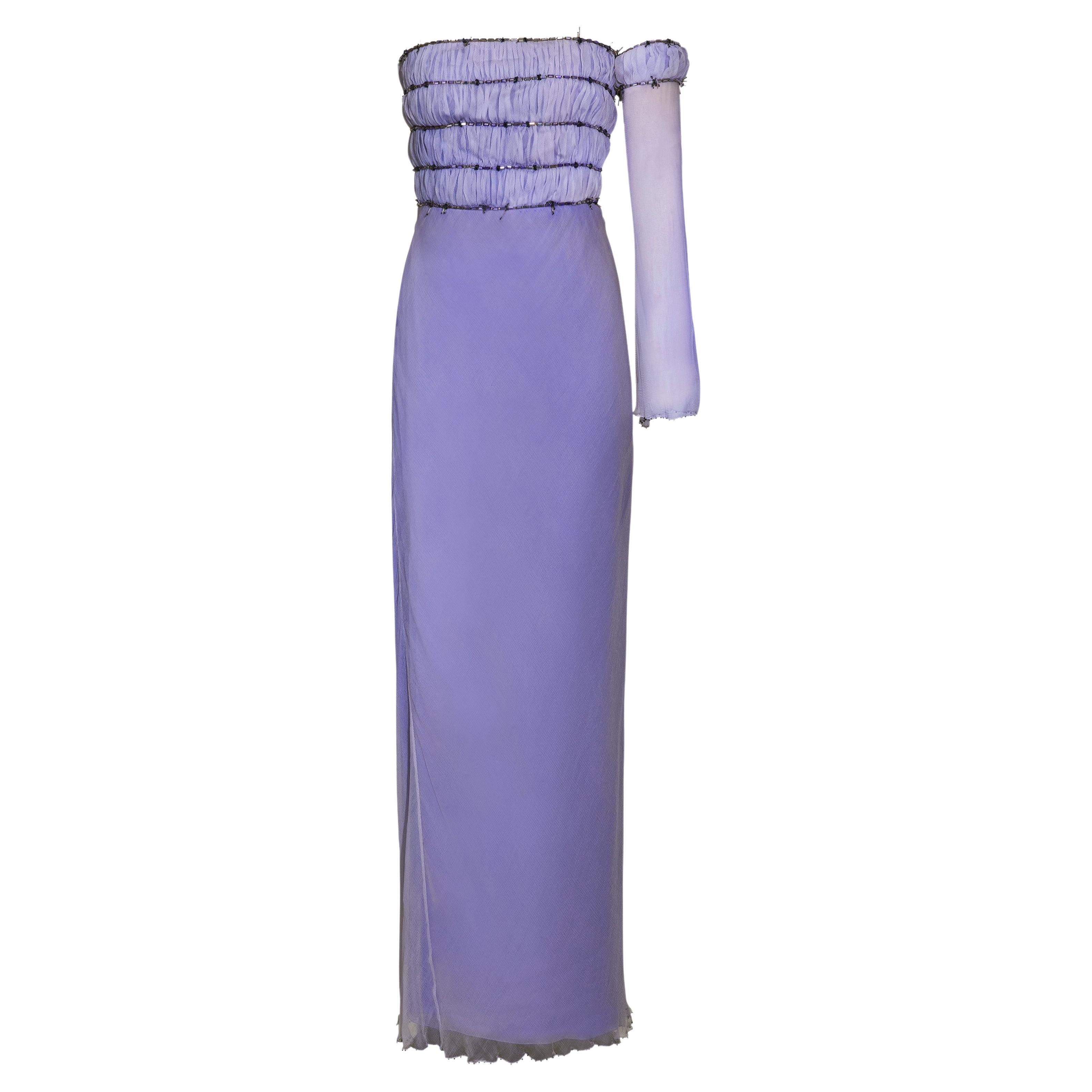 A/W 1998 Gianni Versace Purple Strapless One-Shoulder 
Barbed Wire
 Gown For Sale