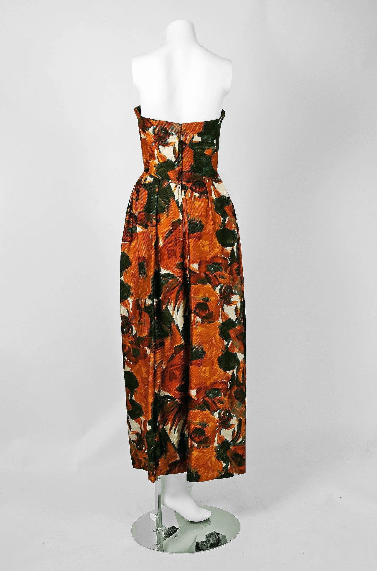 1960's Helena Barbieri Beaded Marigold-Roses Floral Print Silk Strapless Gown In Excellent Condition In Beverly Hills, CA