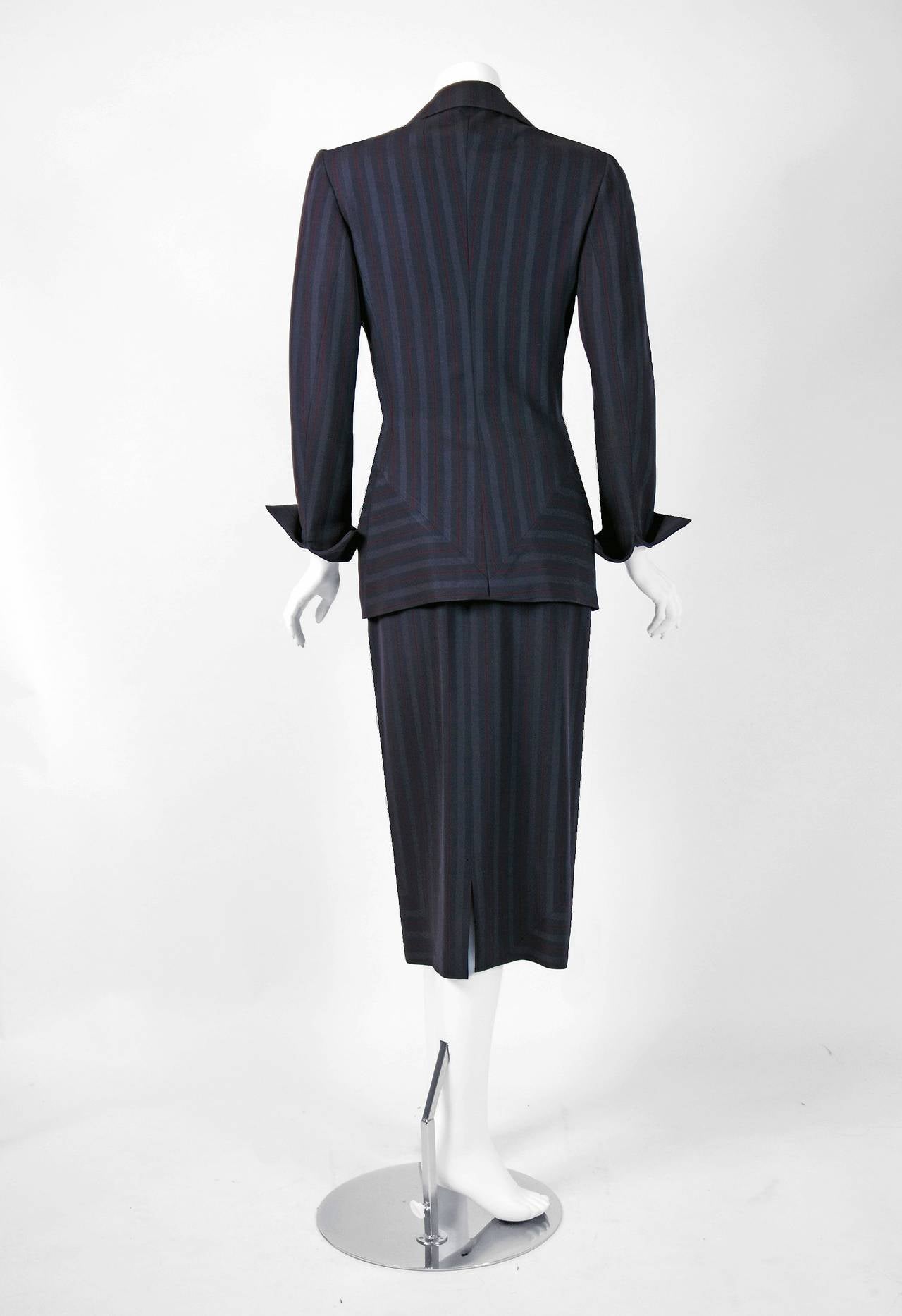 1940's Irene Grey Pinstripe Wool-Gabardine Deco Hourglass Jacket & Skirt Suit In Excellent Condition In Beverly Hills, CA