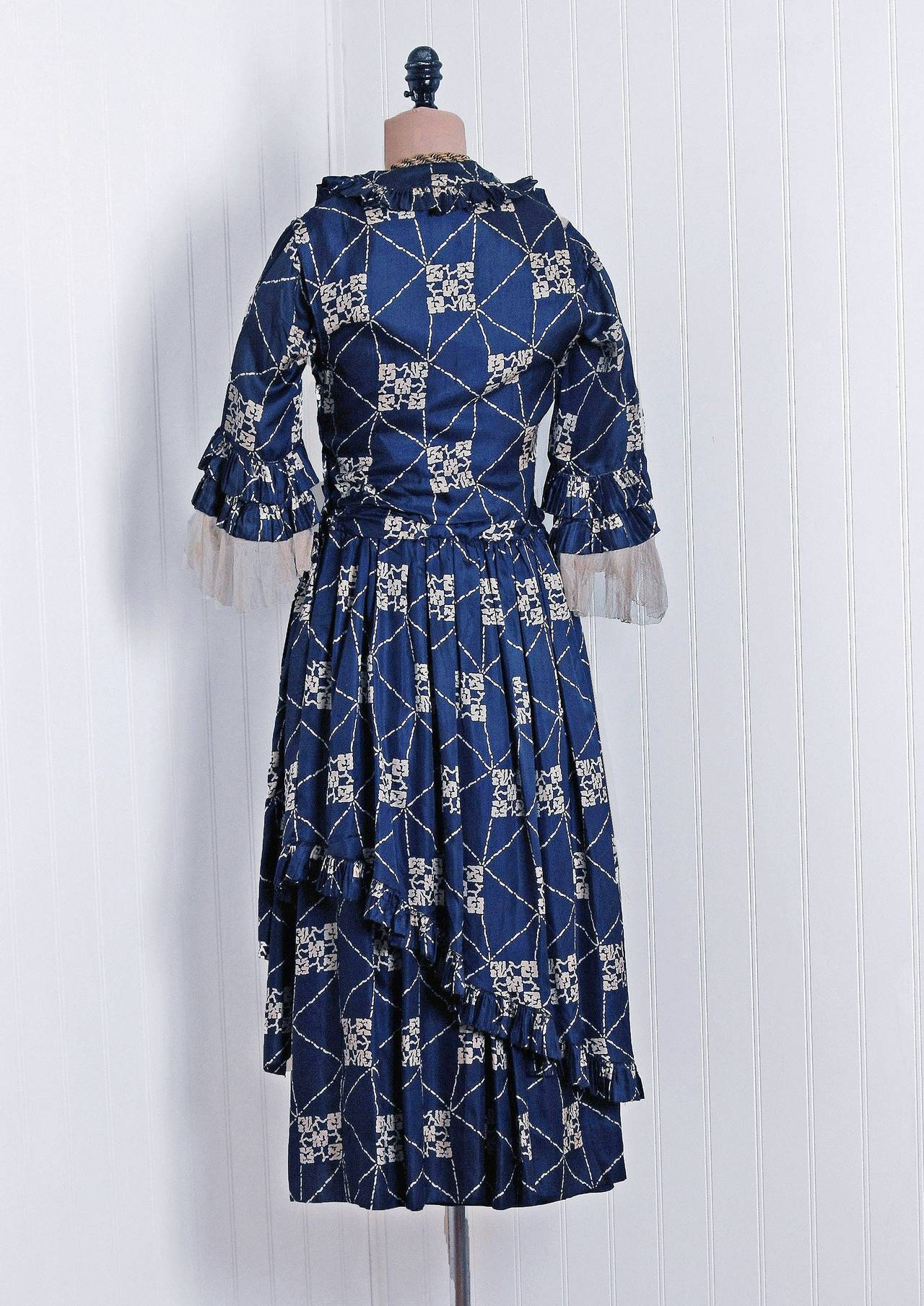 Black Vintage 1920's French Couture Navy Blue Deco Print Silk Avant-Garde Dress For Sale