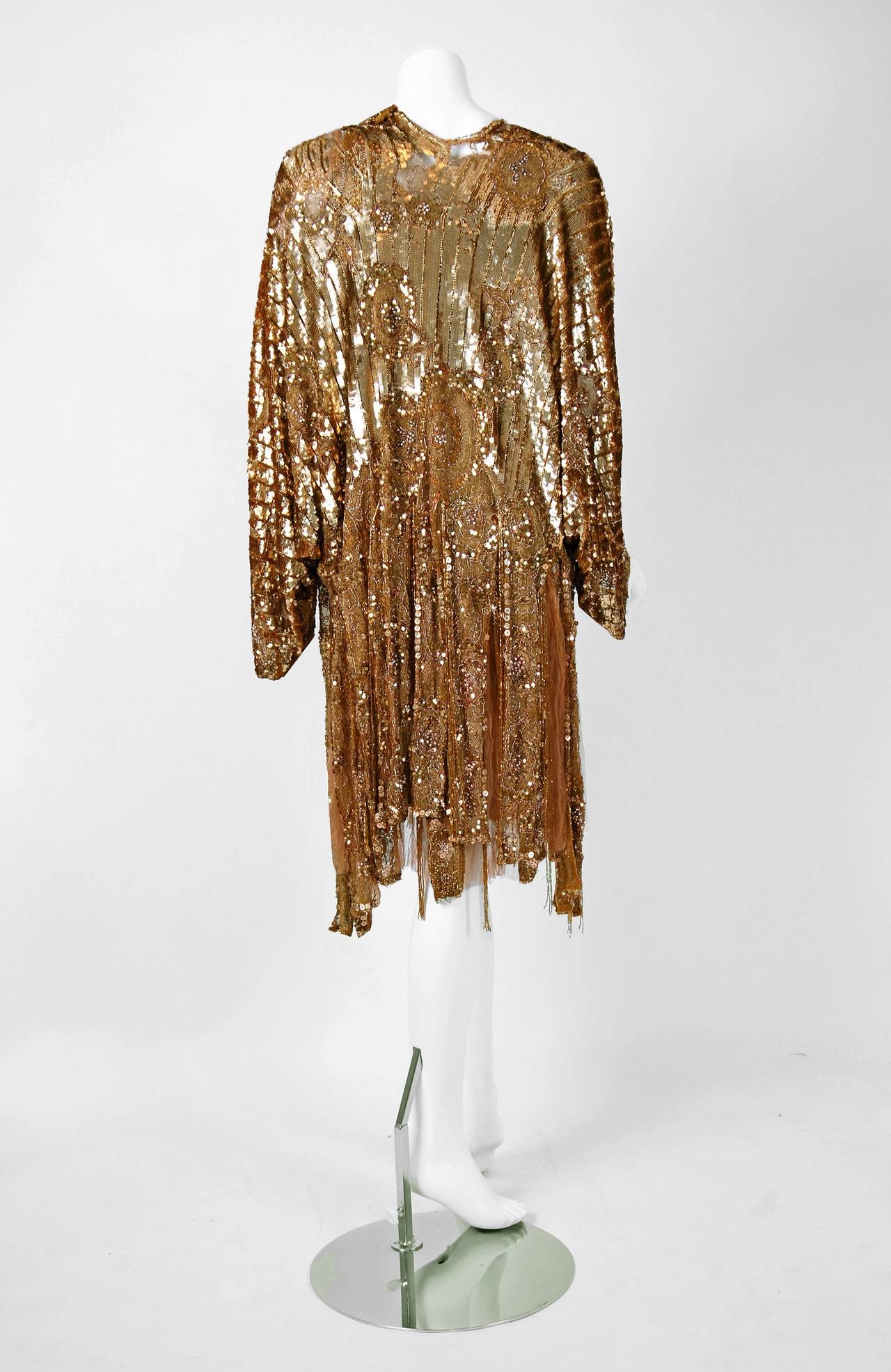 Women's 1920's French Metallic-Gold Beaded Sequin Deco Silk-Chiffon Flapper Dress & Coat