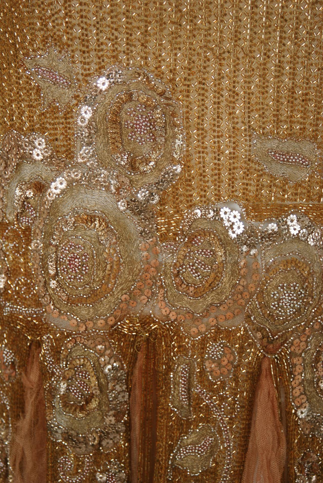 Brown 1920's French Metallic-Gold Beaded Sequin Deco Silk-Chiffon Flapper Dress & Coat