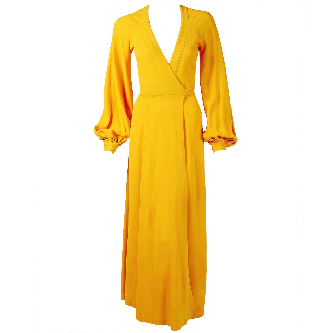 1970's Ossie Clark Yellow Moss-Crepe 'Cuddley' Backless Billow-Sleeve Dress