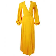 1970's Ossie Clark Yellow Moss-Crepe 'Cuddley' Backless Billow-Sleeve Dress