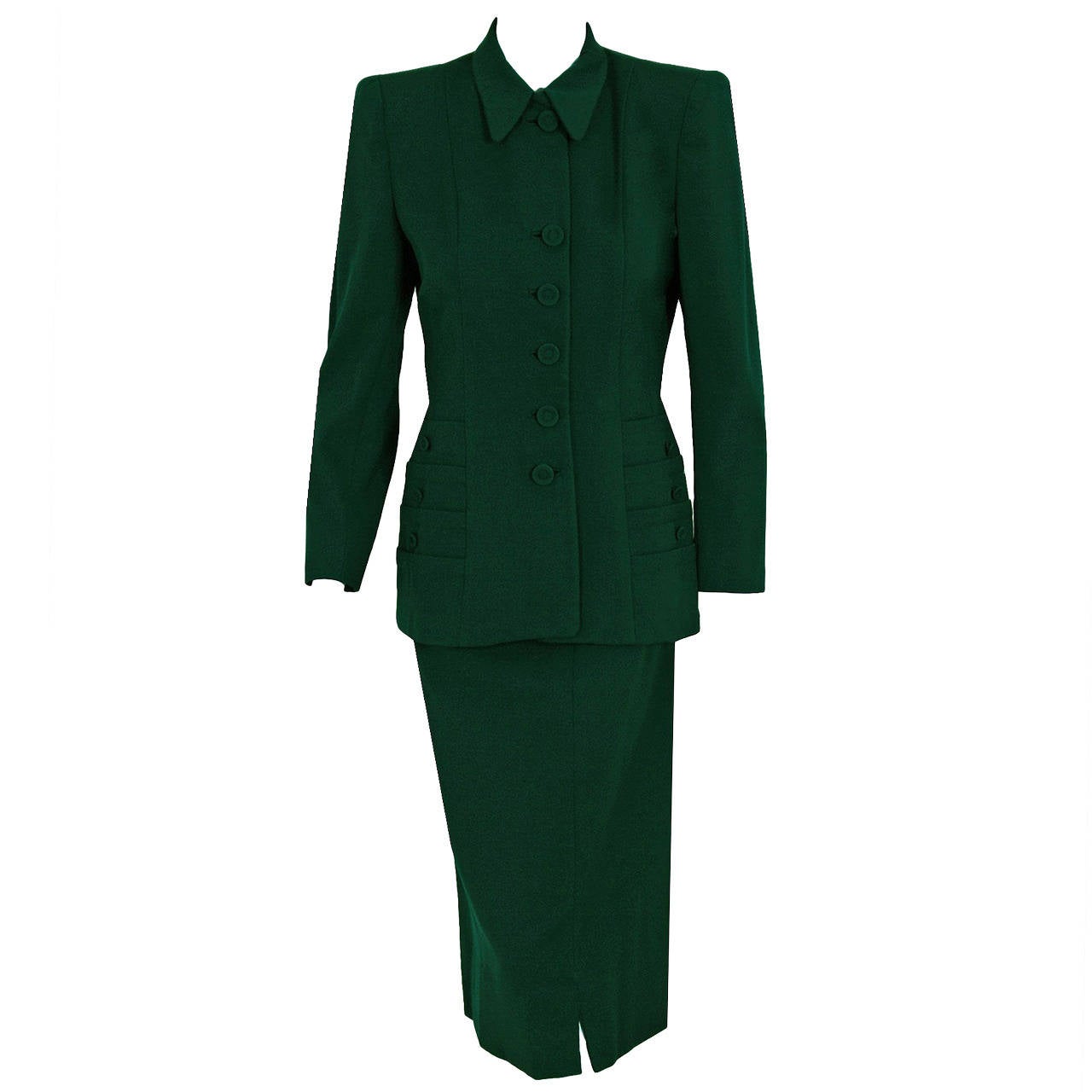 1940's Elegant Forest-Green Gabardine Deco-Pockets Tailored Jacket & Skirt Suit
