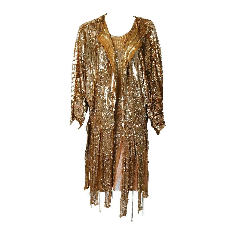 1920's French Metallic-Gold Beaded Sequin Deco Silk-Chiffon Flapper Dress & Coat