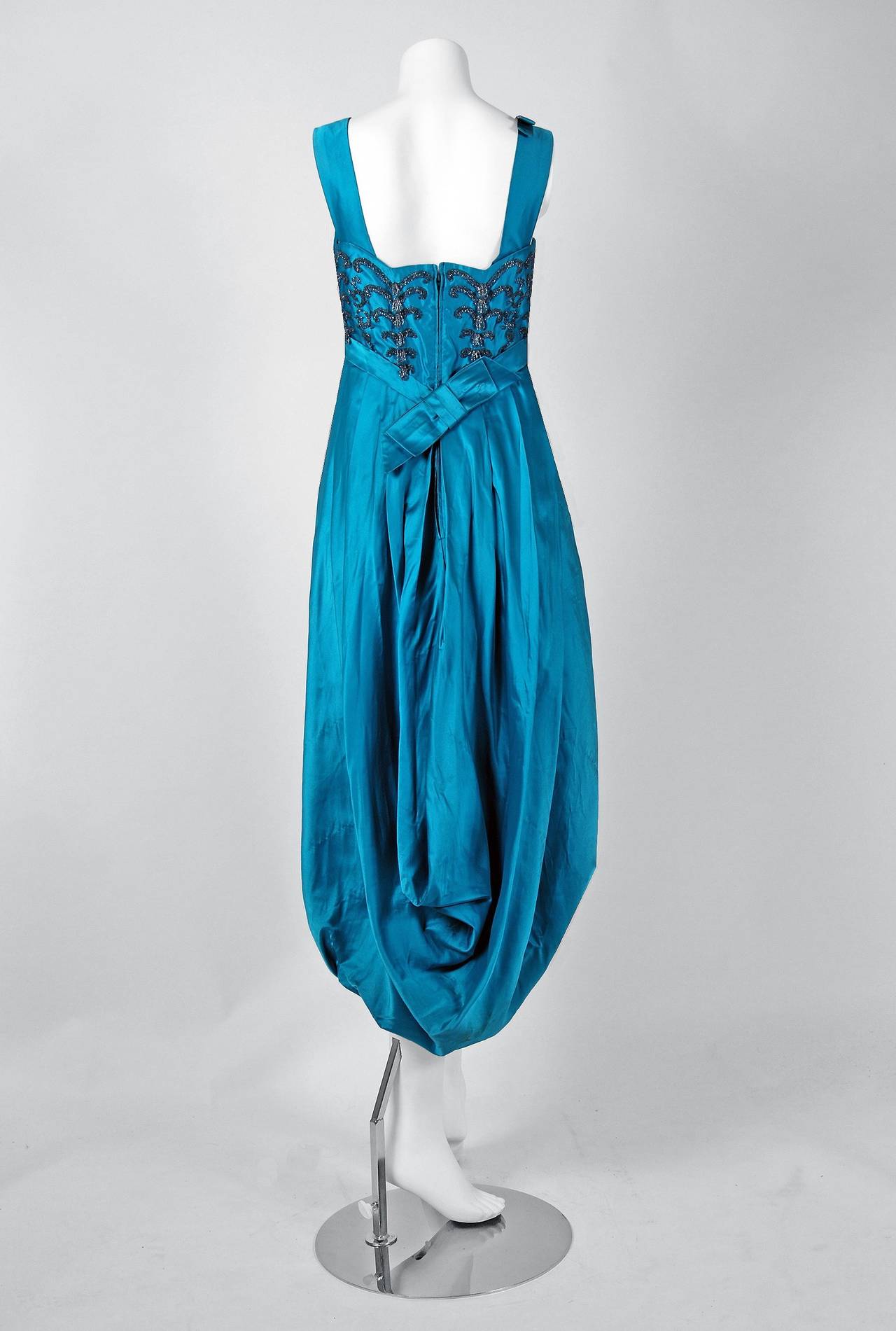 1950's Ceil Chapman Turquoise-Blue Beaded Satin Shelf-Bust Draped Cocktail Dress 1