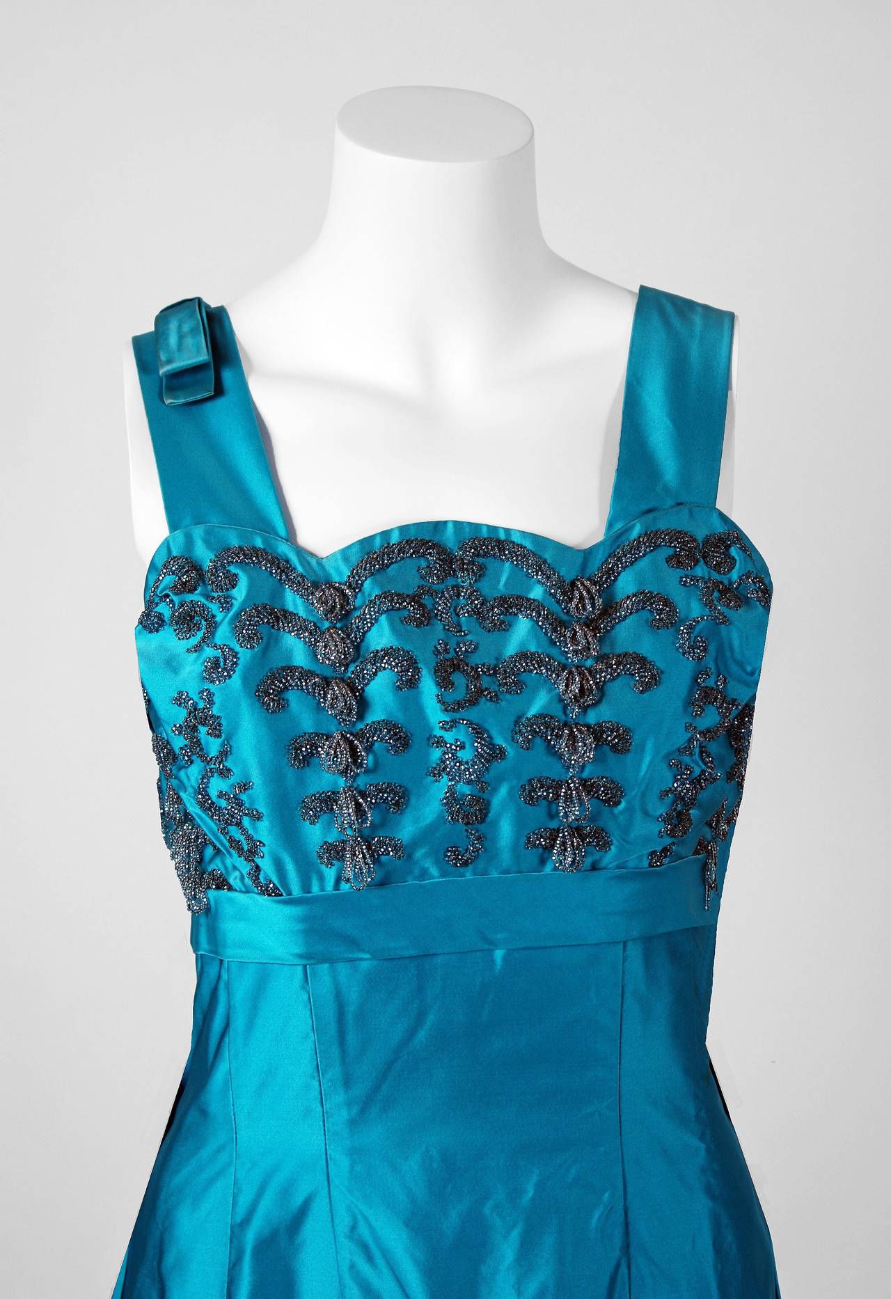 1950's Ceil Chapman Turquoise-Blue Beaded Satin Shelf-Bust Draped Cocktail Dress In Excellent Condition In Beverly Hills, CA