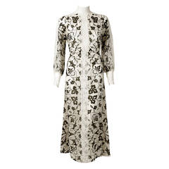 1970's Thea Porter Couture Gold-Printed Silk & White Lace Billow-Sleeve Dress 6