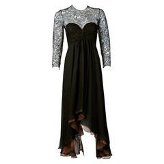 1990's Oscar de la Renta Black Lace-Illusion & Mocha Silk-Chiffon Sculpted Dress 4