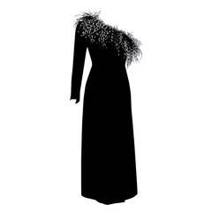 1977 Givenchy Haute-Couture Black Velvet & Ostrich Feather One-Shoulder Dress