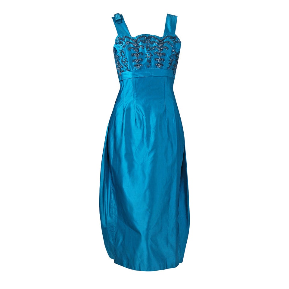 1950's Ceil Chapman Turquoise-Blue Beaded Satin Shelf-Bust Draped Cocktail Dress