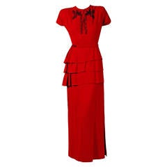 Vintage 1940's Ruby-Red Beaded Crepe Belted Peplum Hourglass Evening Dress Gown