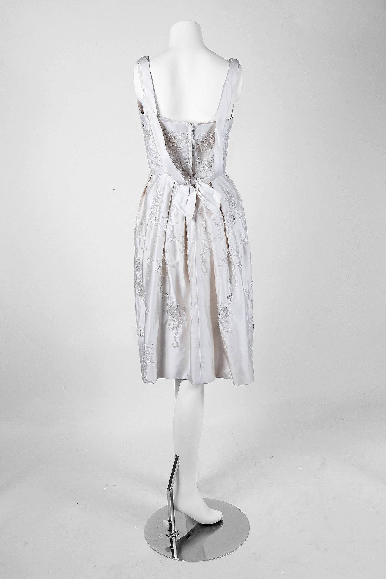 Women's 1950's Ceil Chapman White Embroidered Beaded Applique Satin Cocktail Dress